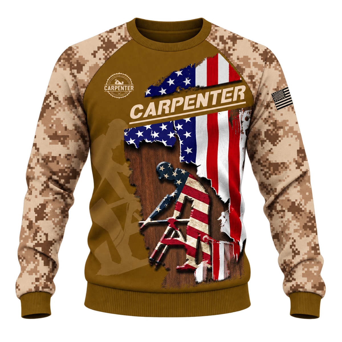 Personalized Carpenter Hoodie & T-Shirt - Tan Camouflage American Flag Carpenter – Sweatshirt, front view