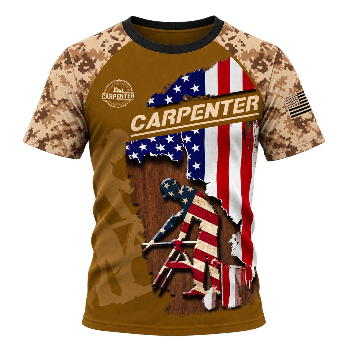 Personalized Carpenter Hoodie & T-Shirt - Tan Camouflage American Flag Carpenter – T-Shirt, front view