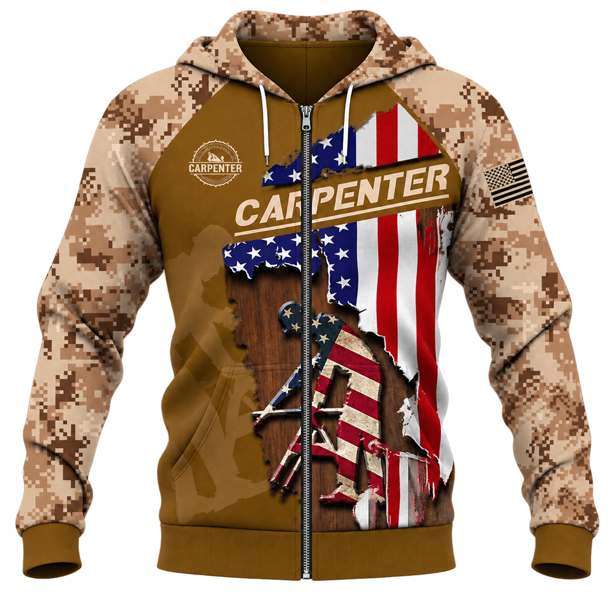 Personalized Carpenter Hoodie & T-Shirt - Tan Camouflage American Flag Carpenter – Zip Hoodie, front view