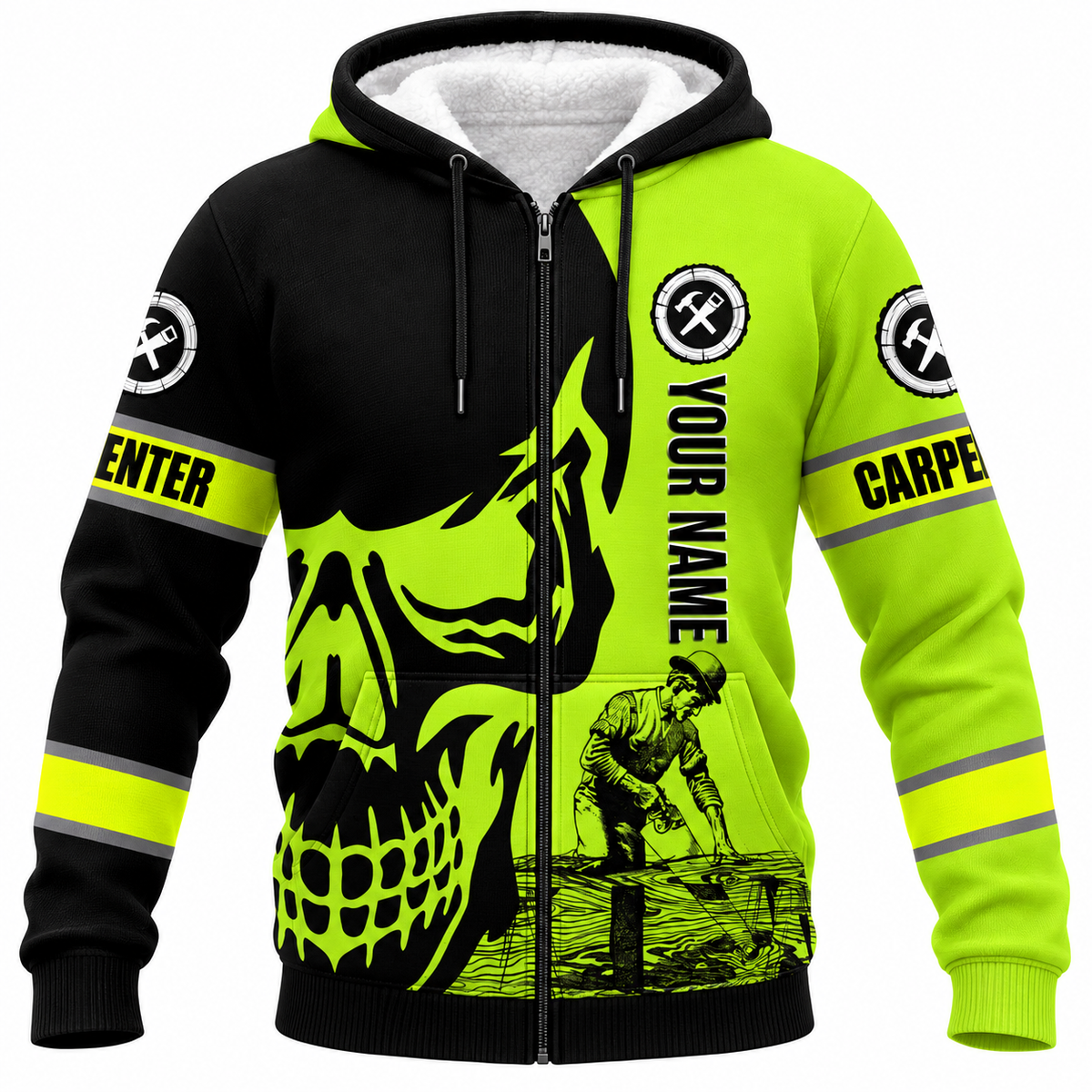 Personalized Carpenter Hoodie & T-Shirt - Black Neon Yellow Carpenter Skull – Fleece Zip Hoodie, front view
