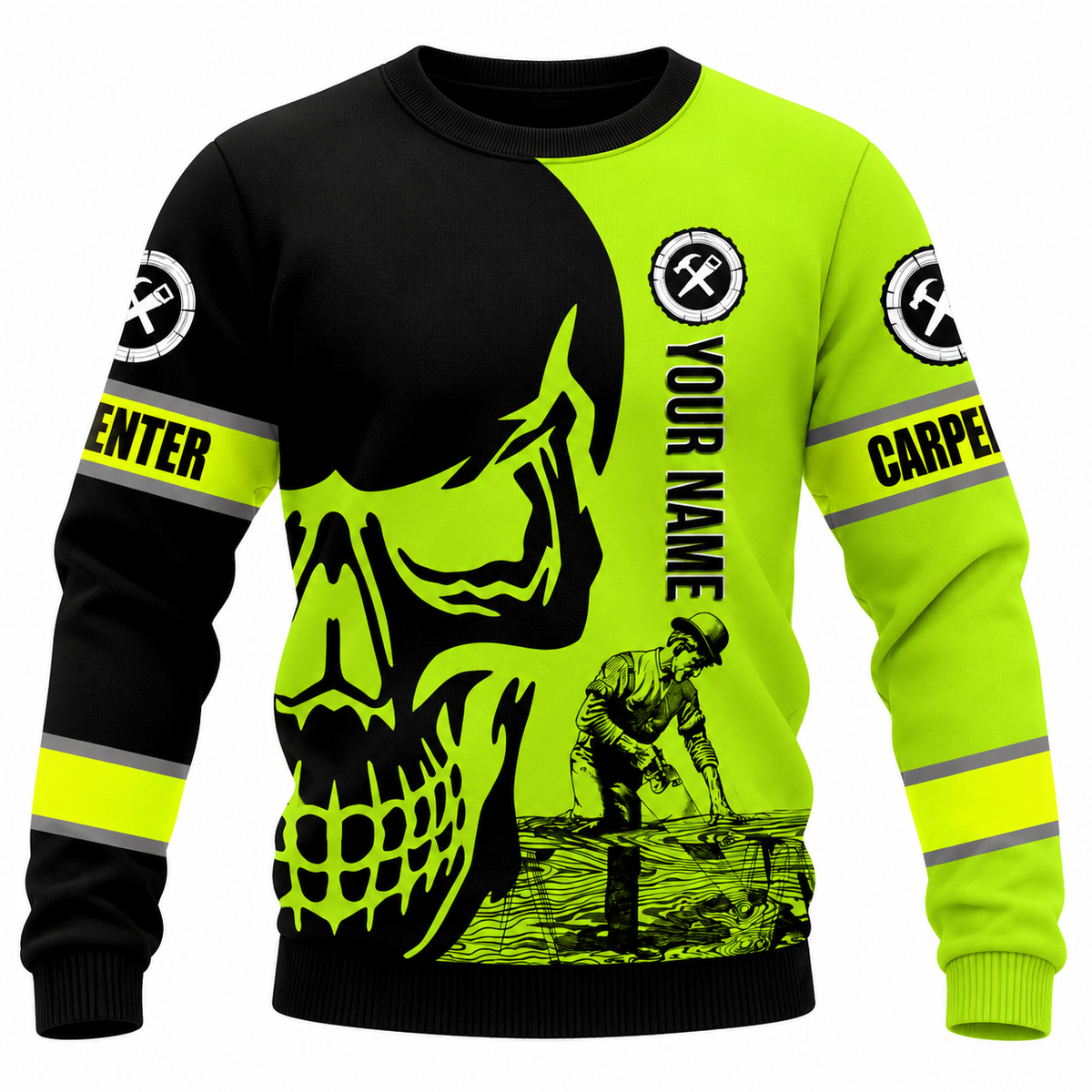 Personalized Carpenter Hoodie & T-Shirt - Black Neon Yellow Carpenter Skull – Sweatshirt, front view