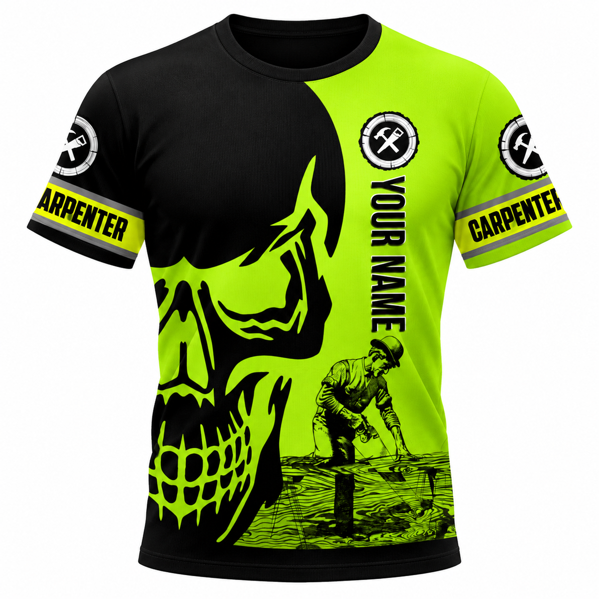 Personalized Carpenter Hoodie & T-Shirt - Black Neon Yellow Carpenter Skull – T-Shirt, front view