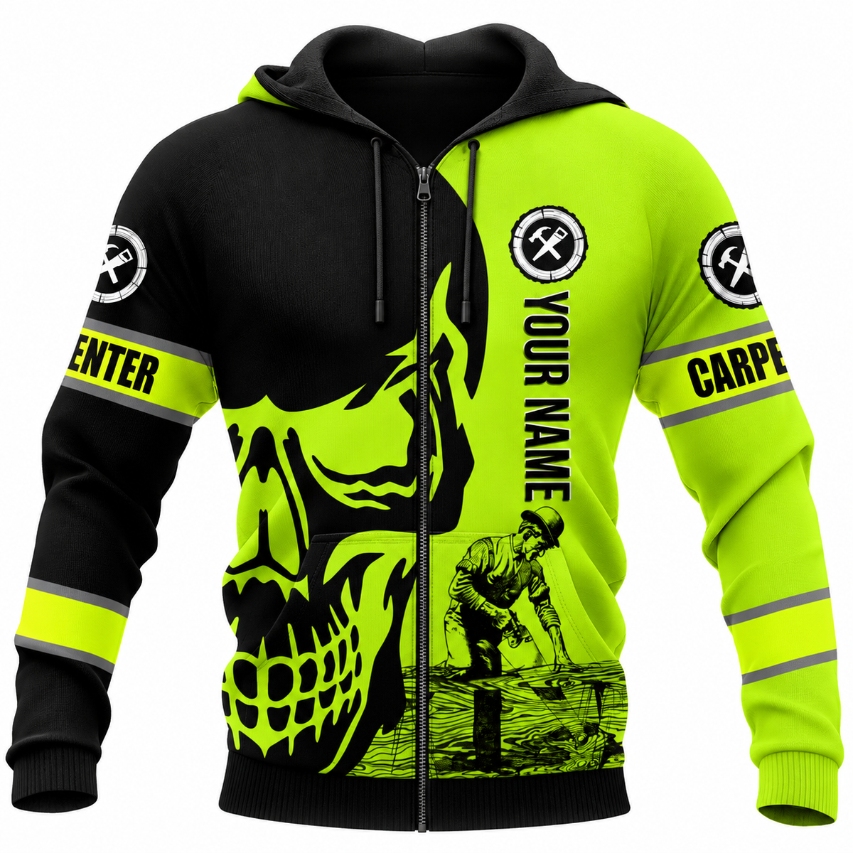 Personalized Carpenter Hoodie & T-Shirt - Black Neon Yellow Carpenter Skull – Zip Hoodie, front view