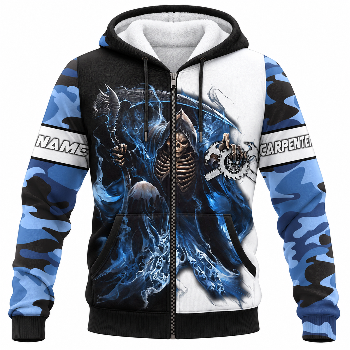 Personalized Carpenter Hoodie & T-Shirt - Blue Camouflage Grim Reaper – Fleece Zip Hoodie, front view