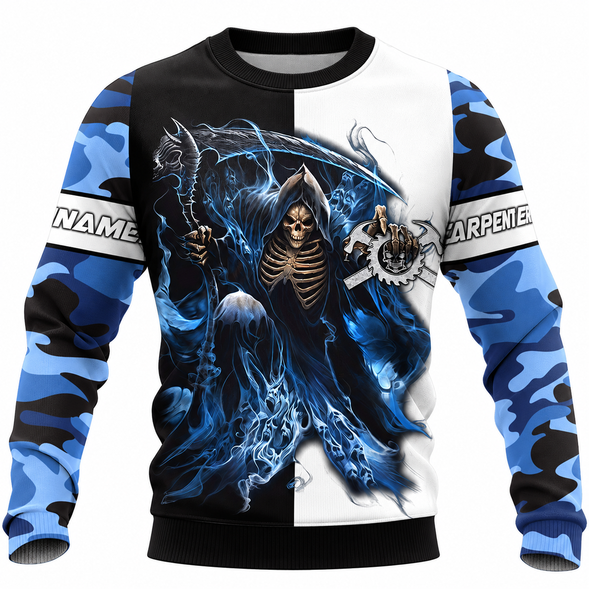 Personalized Carpenter Hoodie & T-Shirt - Blue Camouflage Grim Reaper – Sweatshirt, front view