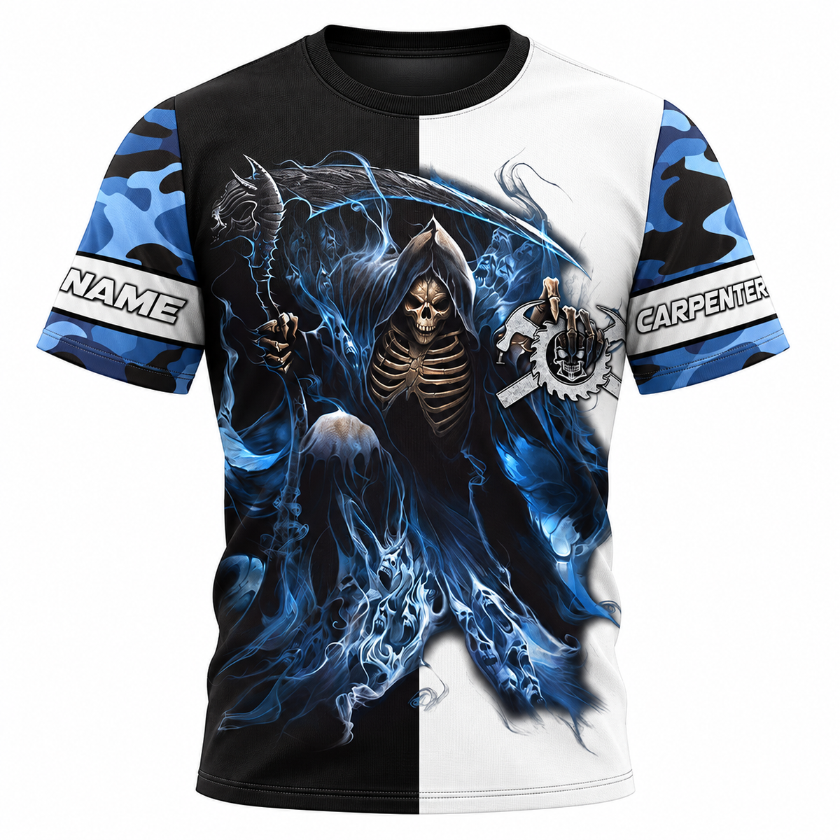 Personalized Carpenter Hoodie & T-Shirt - Blue Camouflage Grim Reaper – T-Shirt, front view