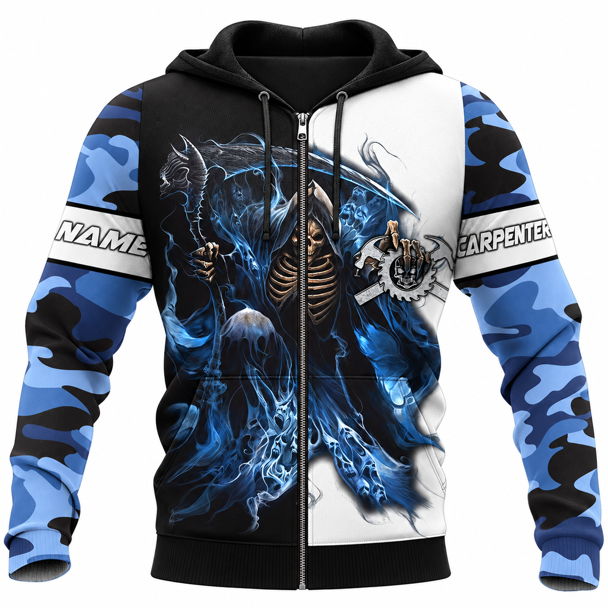 Personalized Carpenter Hoodie & T-Shirt - Blue Camouflage Grim Reaper – Zip Hoodie, front view