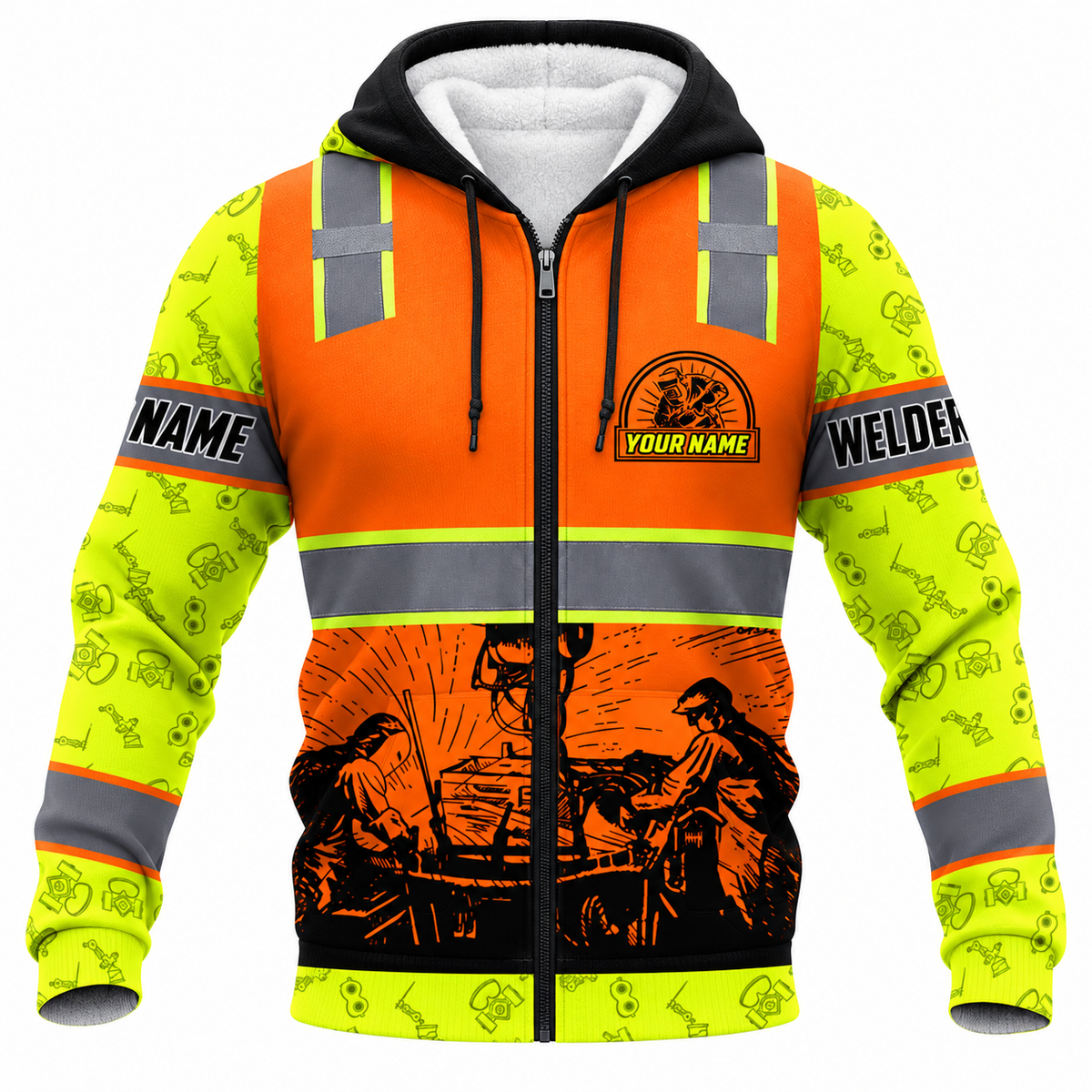 Personalized Welder Hoodie & T-Shirt - Orange Vest Print Welding Scene – Fleece Zip Hoodie, front view