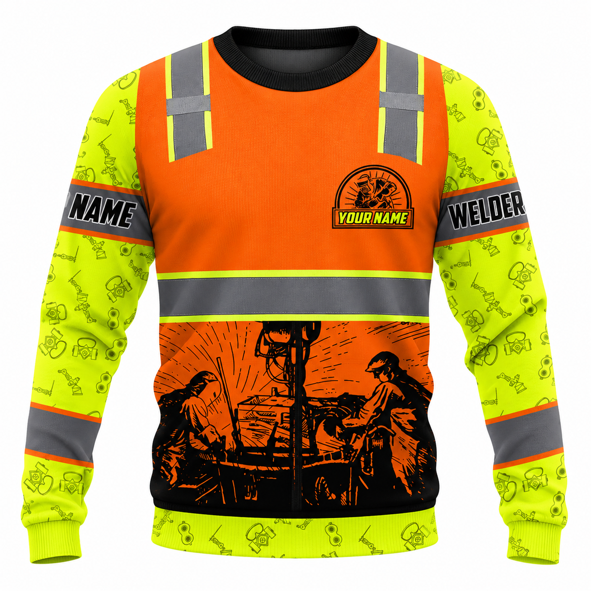 Personalized Welder Hoodie & T-Shirt - Orange Vest Print Welding Scene – Sweatshirt, front view