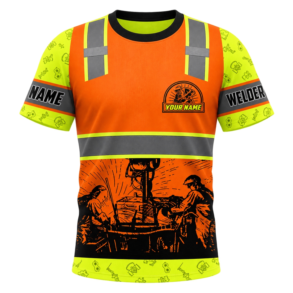 Personalized Welder Hoodie & T-Shirt - Orange Vest Print Welding Scene – T-Shirt, front view