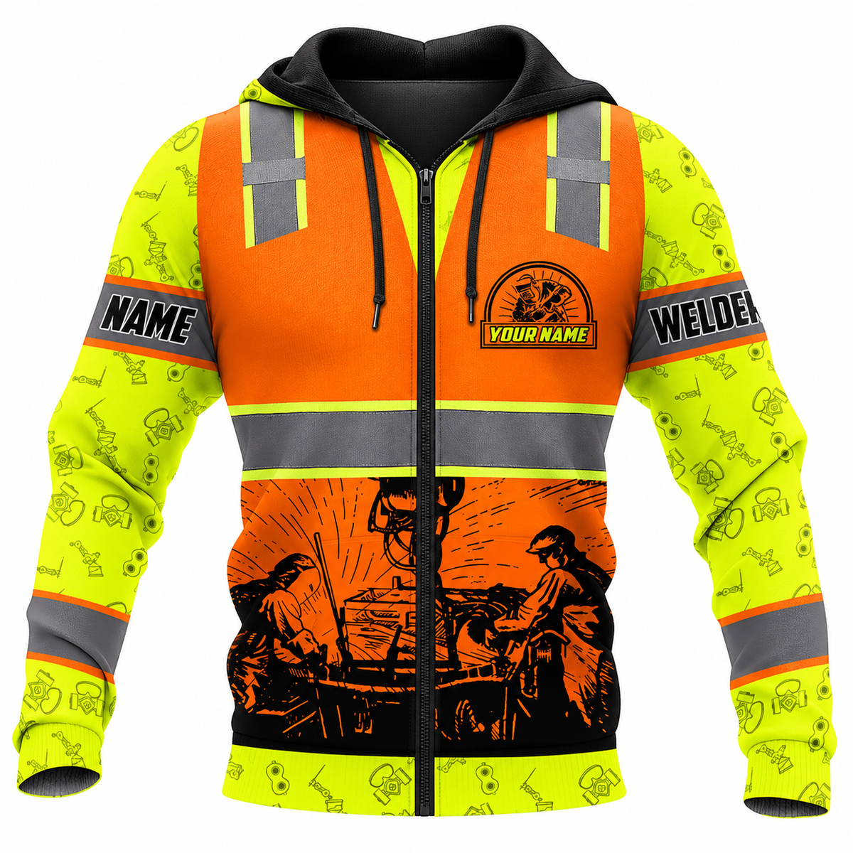 Personalized Welder Hoodie & T-Shirt - Orange Vest Print Welding Scene – Zip Hoodie, front view
