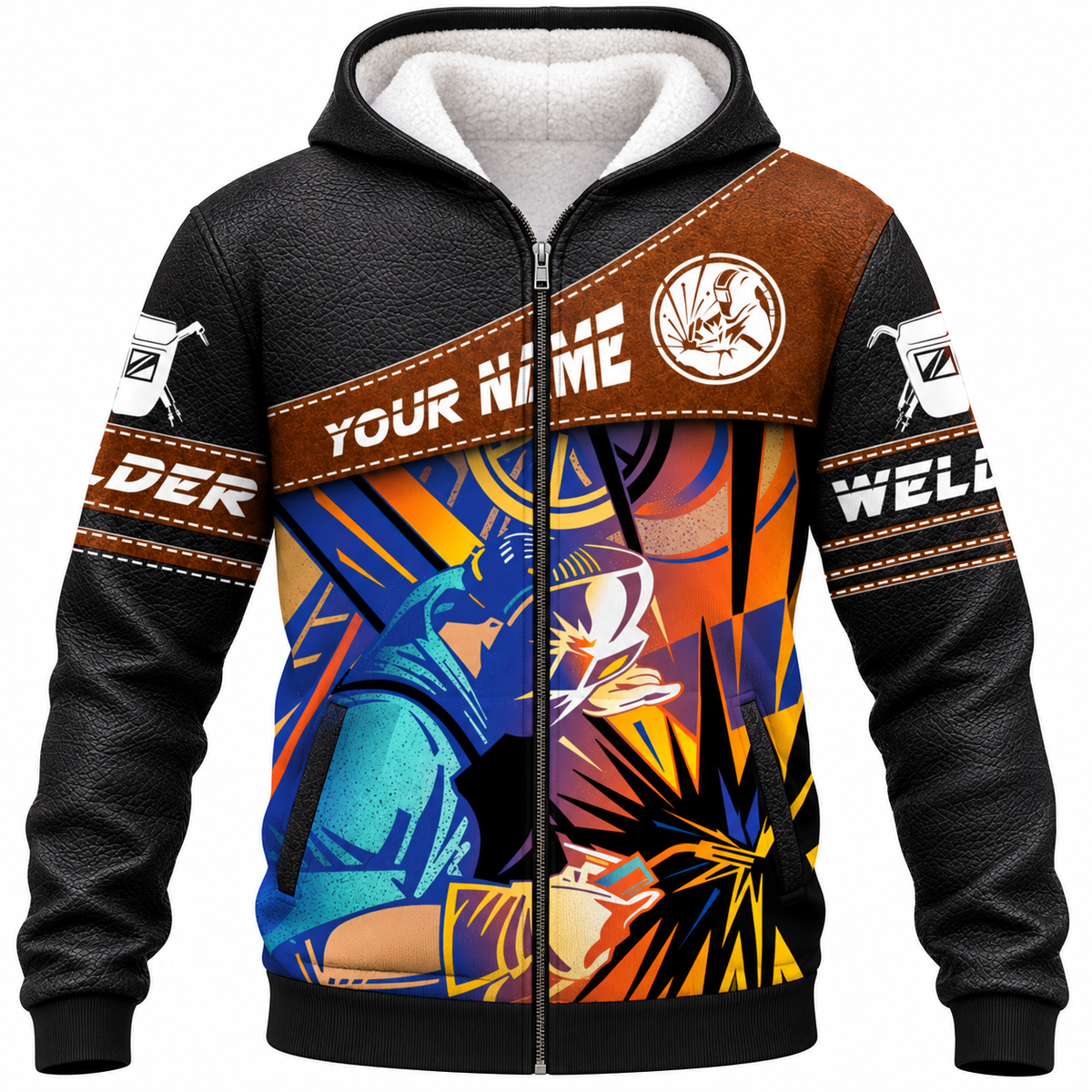 Personalized Welder Hoodie & T-Shirt - Brown Panel Colourful Welding Sparks – Fleece Zip Hoodie, front view
