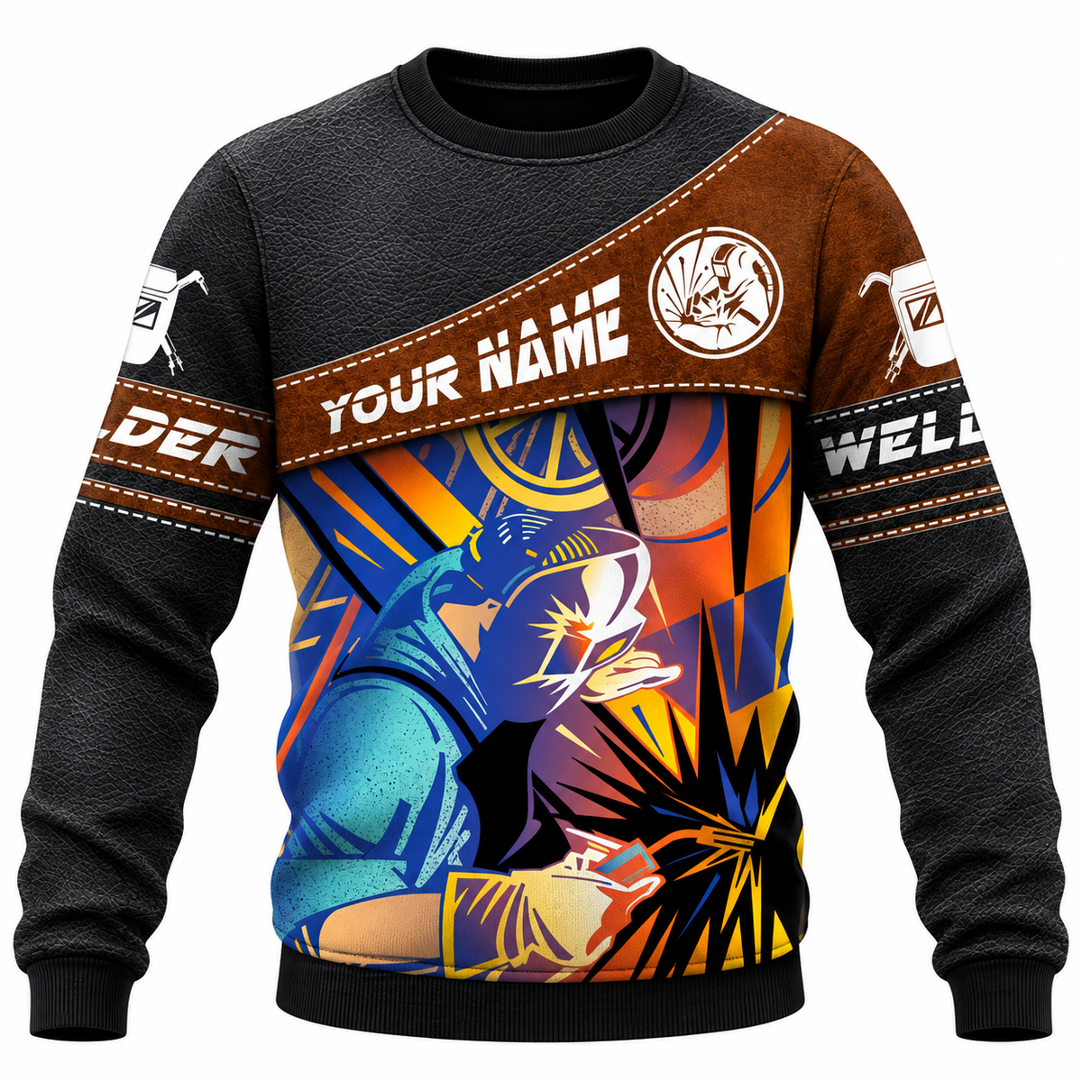 Personalized Welder Hoodie & T-Shirt - Brown Panel Colourful Welding Sparks – Sweatshirt, front view