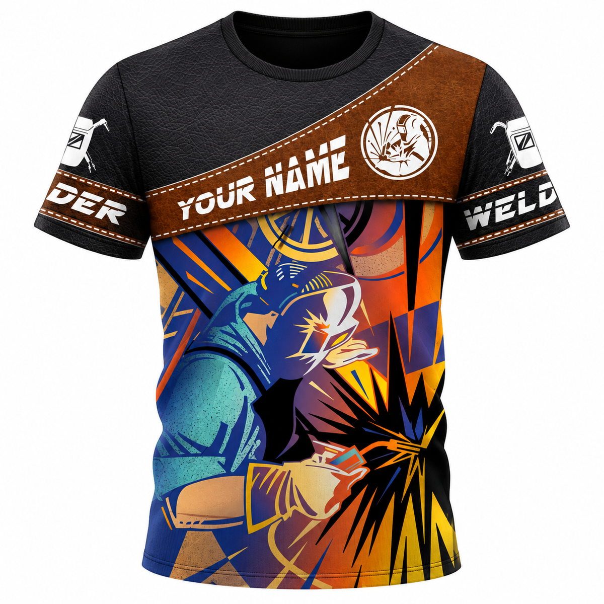 Personalized Welder Hoodie & T-Shirt - Brown Panel Colourful Welding Sparks – T-Shirt, front view