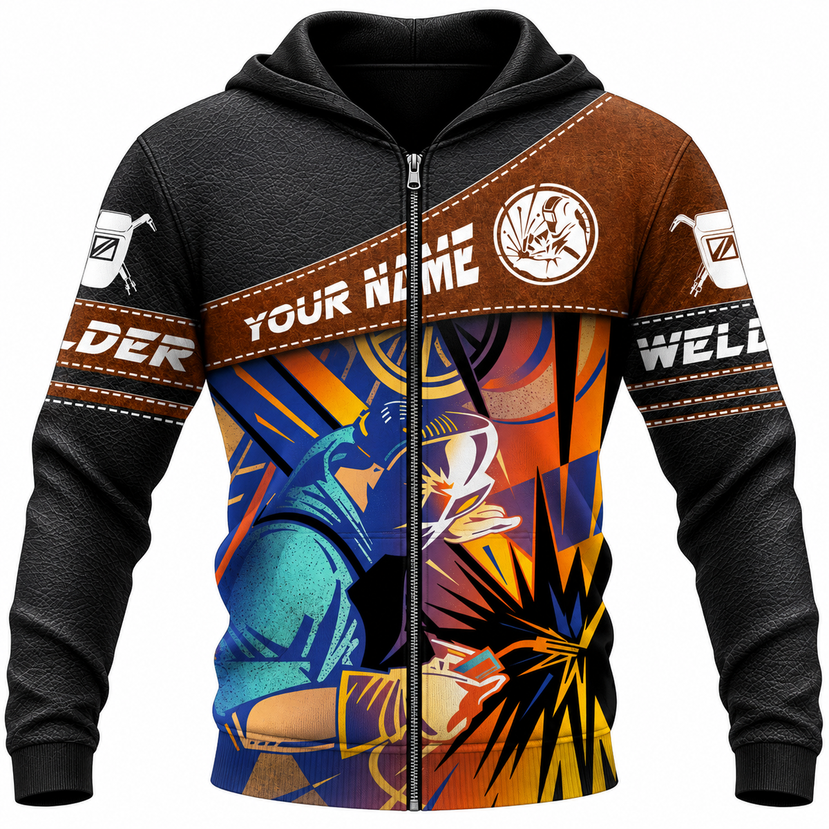 Personalized Welder Hoodie & T-Shirt - Brown Panel Colourful Welding Sparks – Zip Hoodie, front view