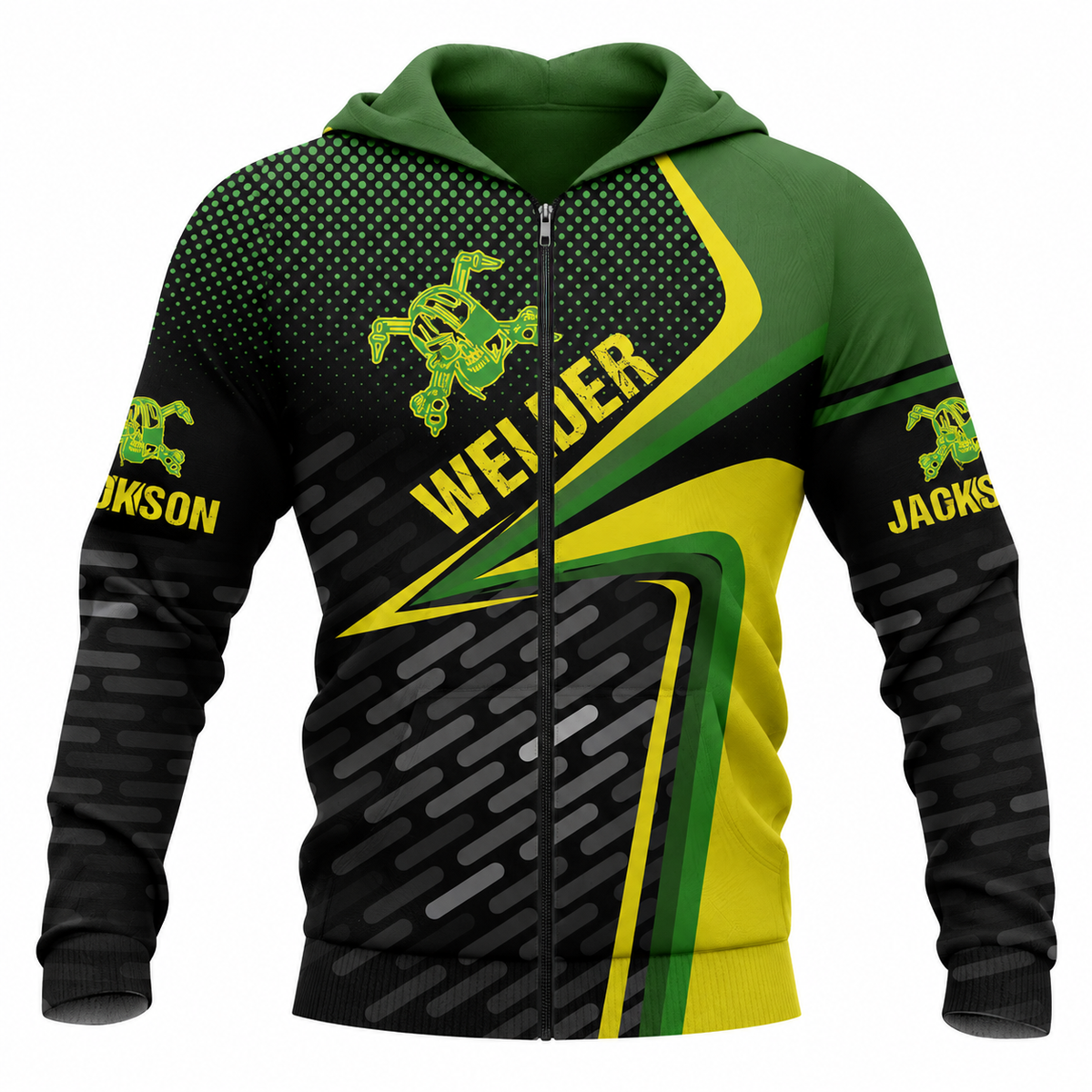 Personalized Welder Hoodie & T-Shirt - Green Yellow Diagonal Welder Badge – Zip Hoodie, front view