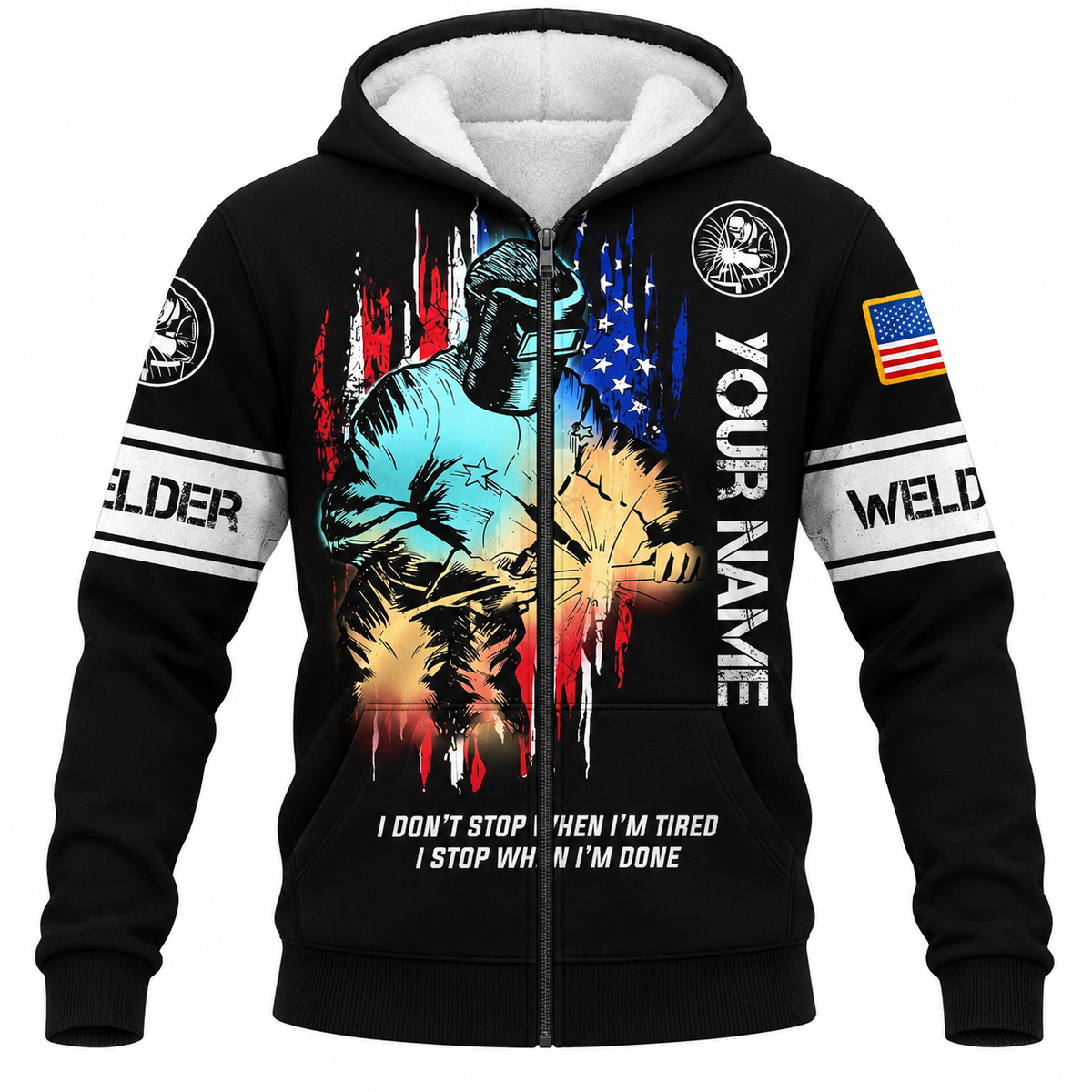 Personalized Welder Hoodie & T-Shirt - Black Welding Sparks American Flag – Fleece Zip Hoodie, front view