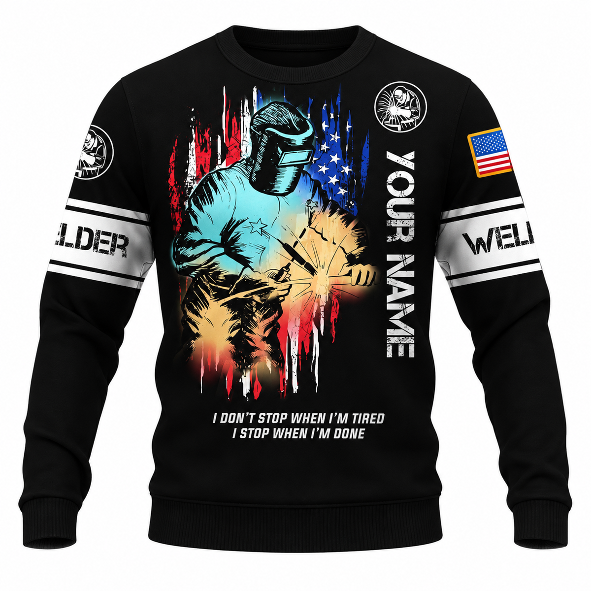 Personalized Welder Hoodie & T-Shirt - Black Welding Sparks American Flag – Sweatshirt, front view