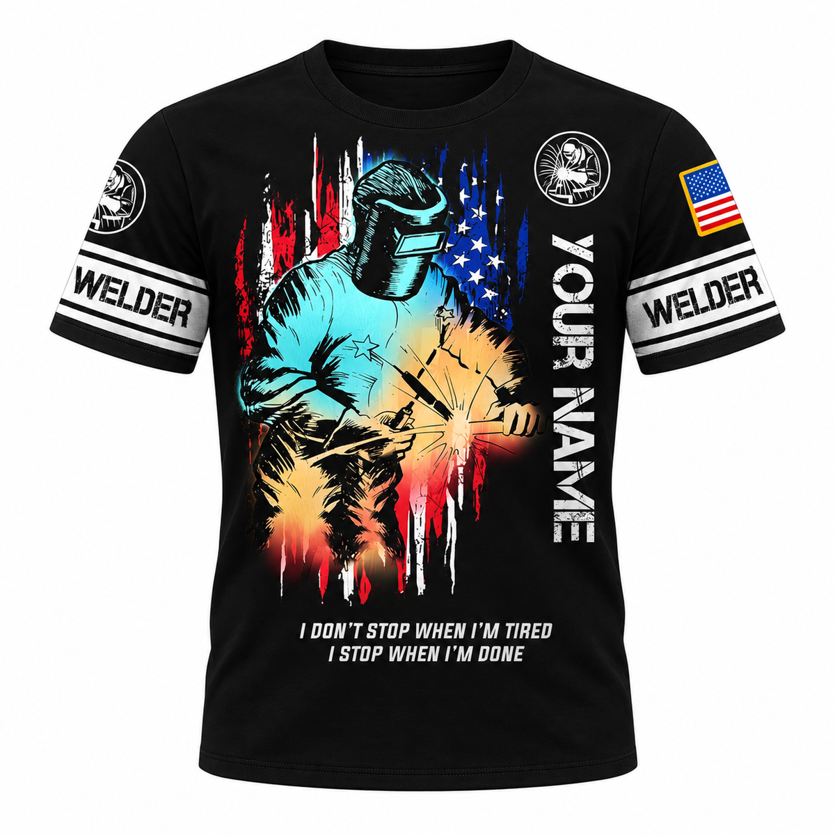 Personalized Welder Hoodie & T-Shirt - Black Welding Sparks American Flag – T-Shirt, front view