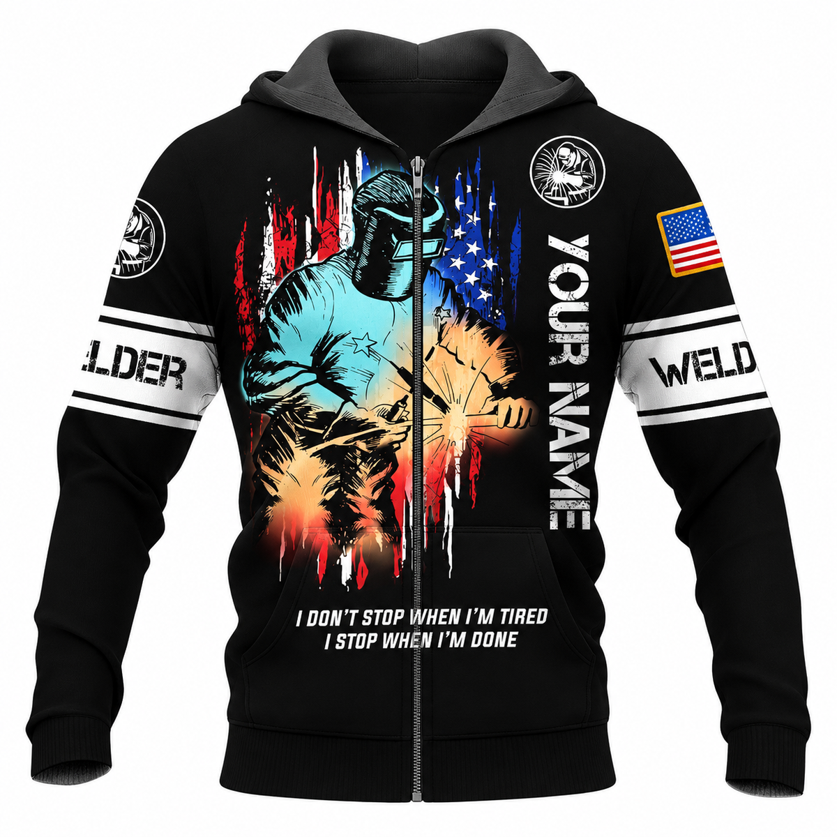 Personalized Welder Hoodie & T-Shirt - Black Welding Sparks American Flag – Zip Hoodie, front view