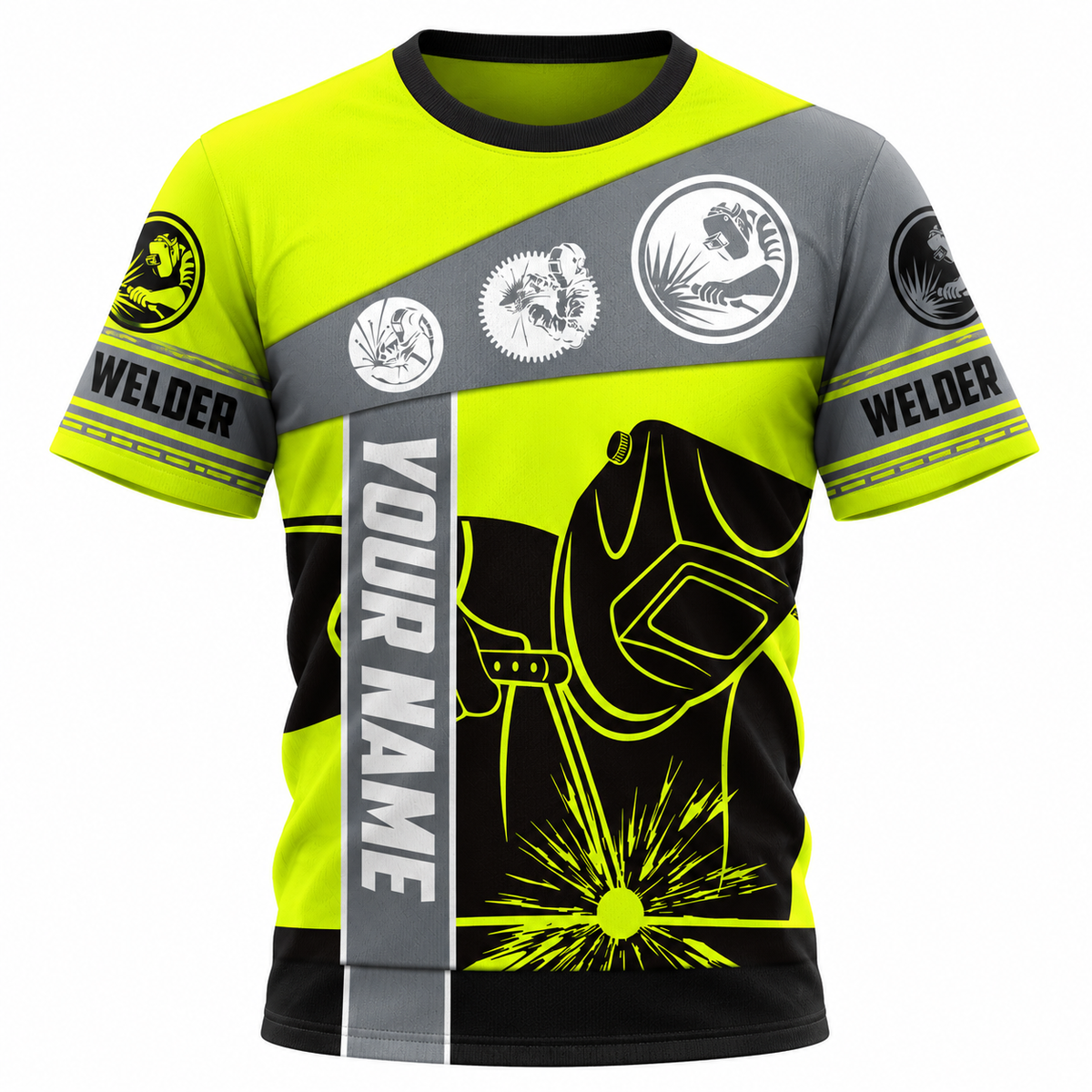 Personalized Welder Hoodie & T-Shirt - Neon Yellow Welding Helmet – T-Shirt, front view
