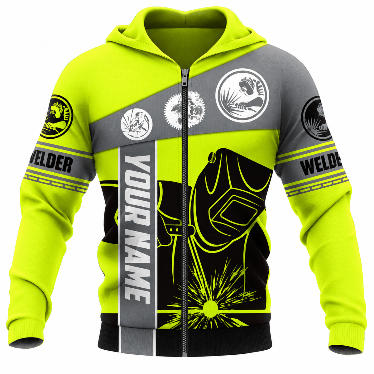 Personalized Welder Hoodie & T-Shirt - Neon Yellow Welding Helmet – Zip Hoodie, front view
