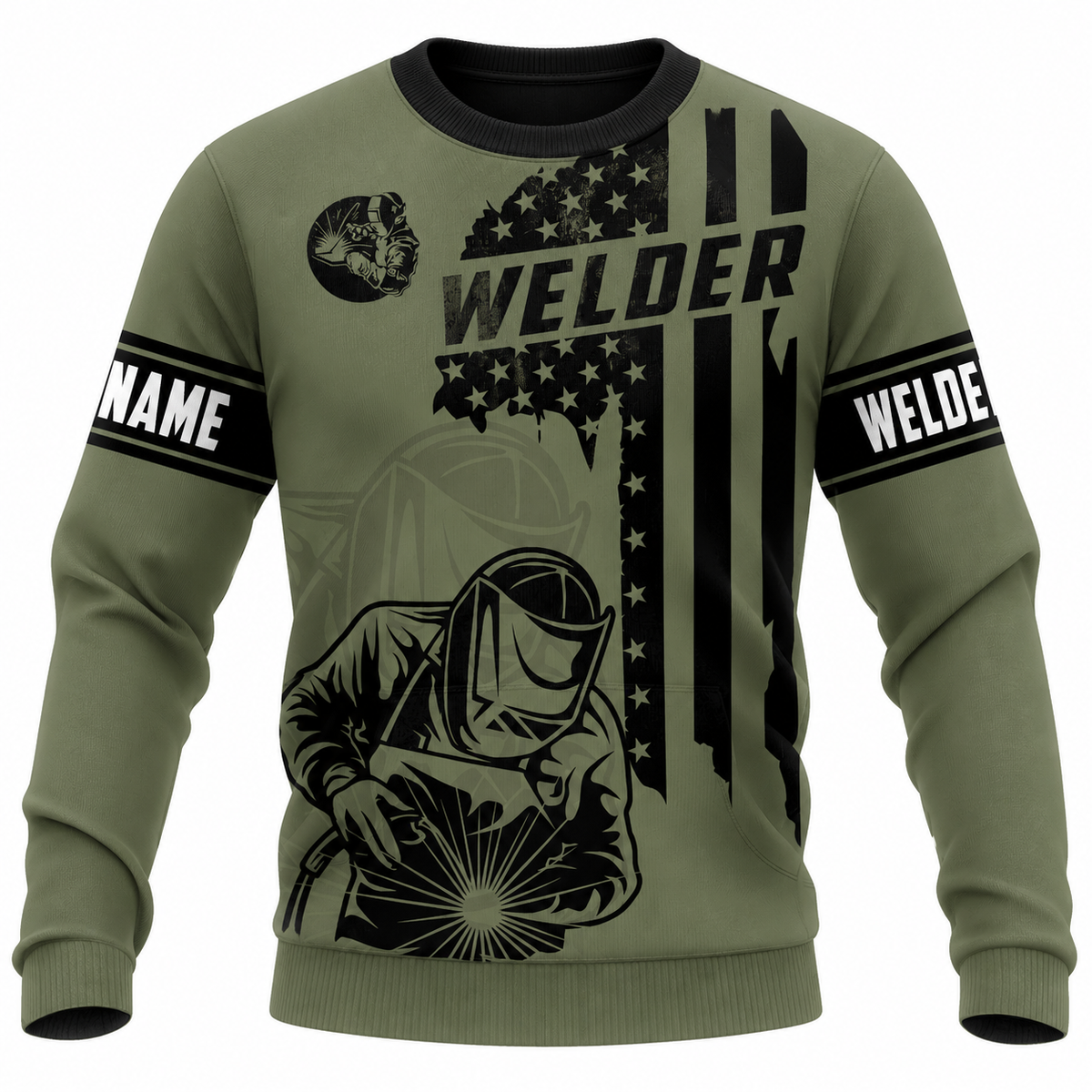 Personalized Welder Hoodie & T-Shirt - Olive Green American Flag Welder – Sweatshirt, front view