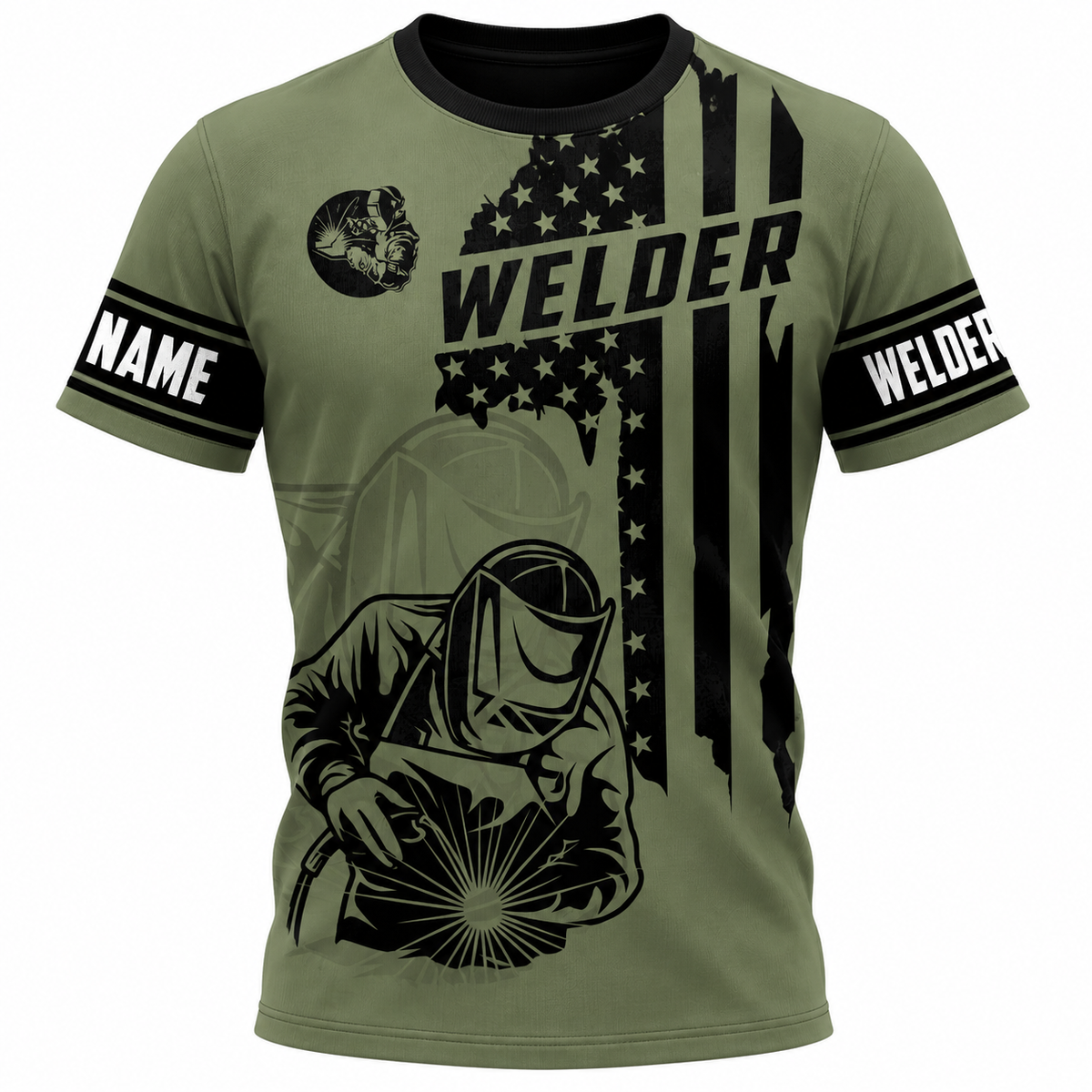 Personalized Welder Hoodie & T-Shirt - Olive Green American Flag Welder – T-Shirt, front view