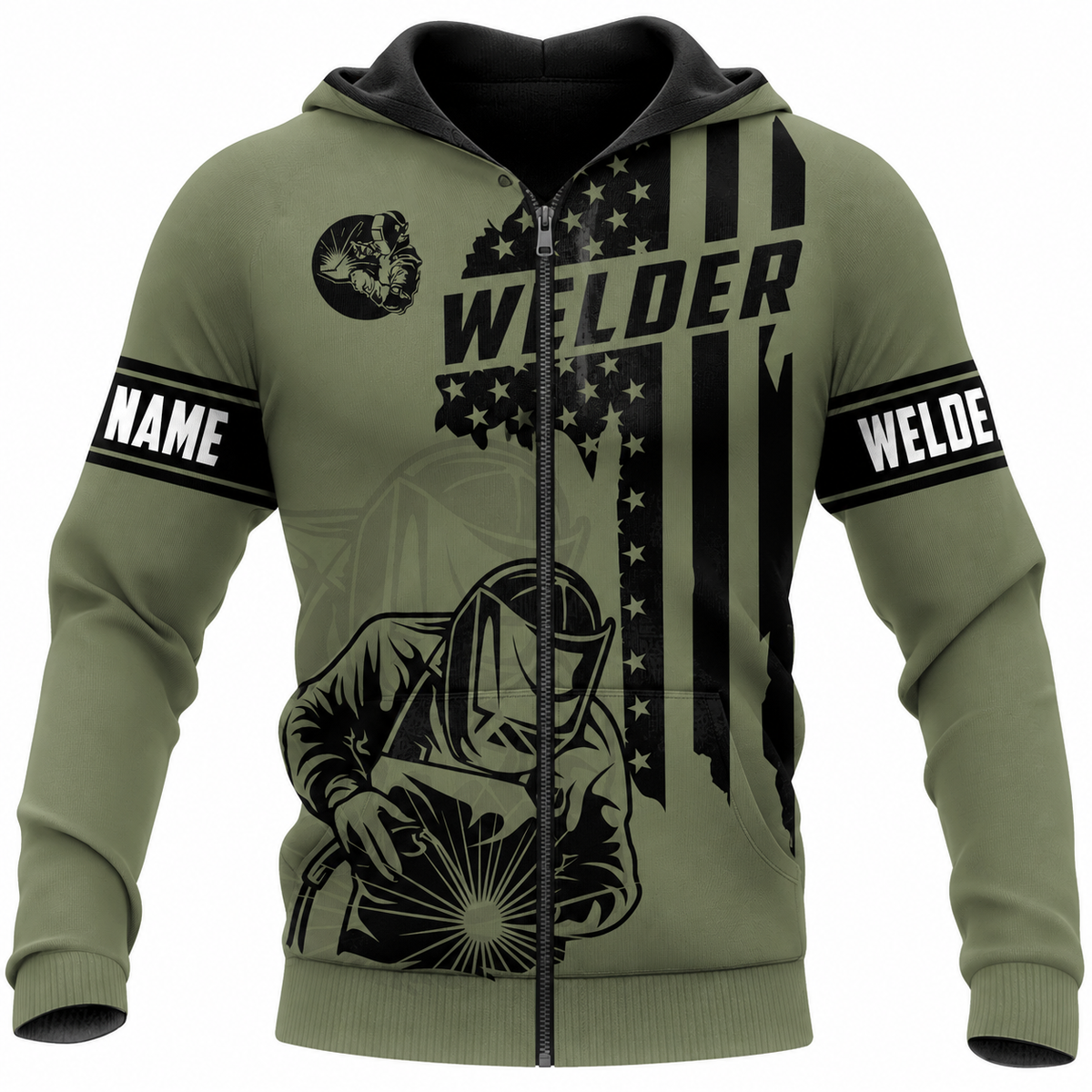 Personalized Welder Hoodie & T-Shirt - Olive Green American Flag Welder – Zip Hoodie, front view