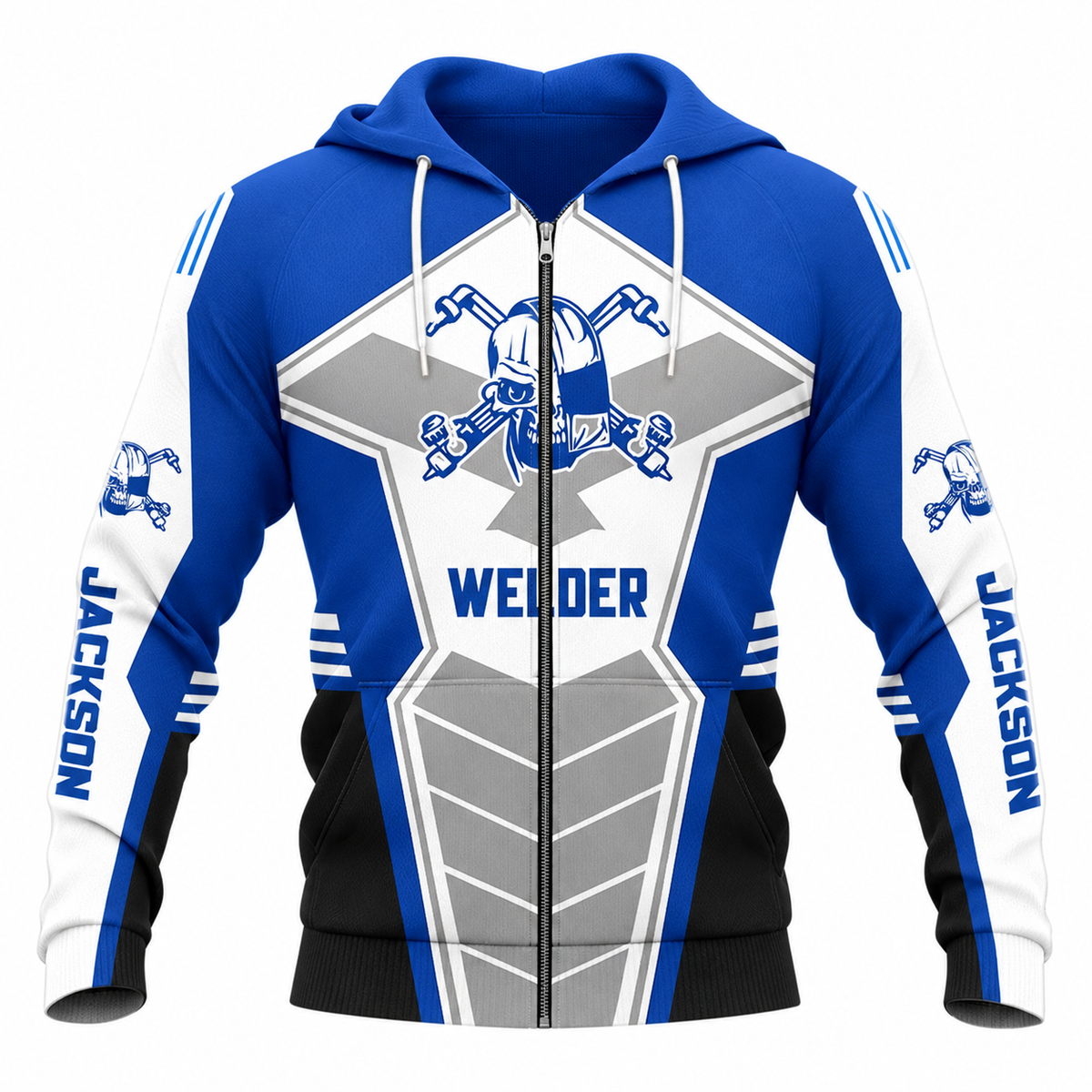 Personalized Welder Hoodie & T-Shirt - Blue White Welding Badge – Zip Hoodie, front view