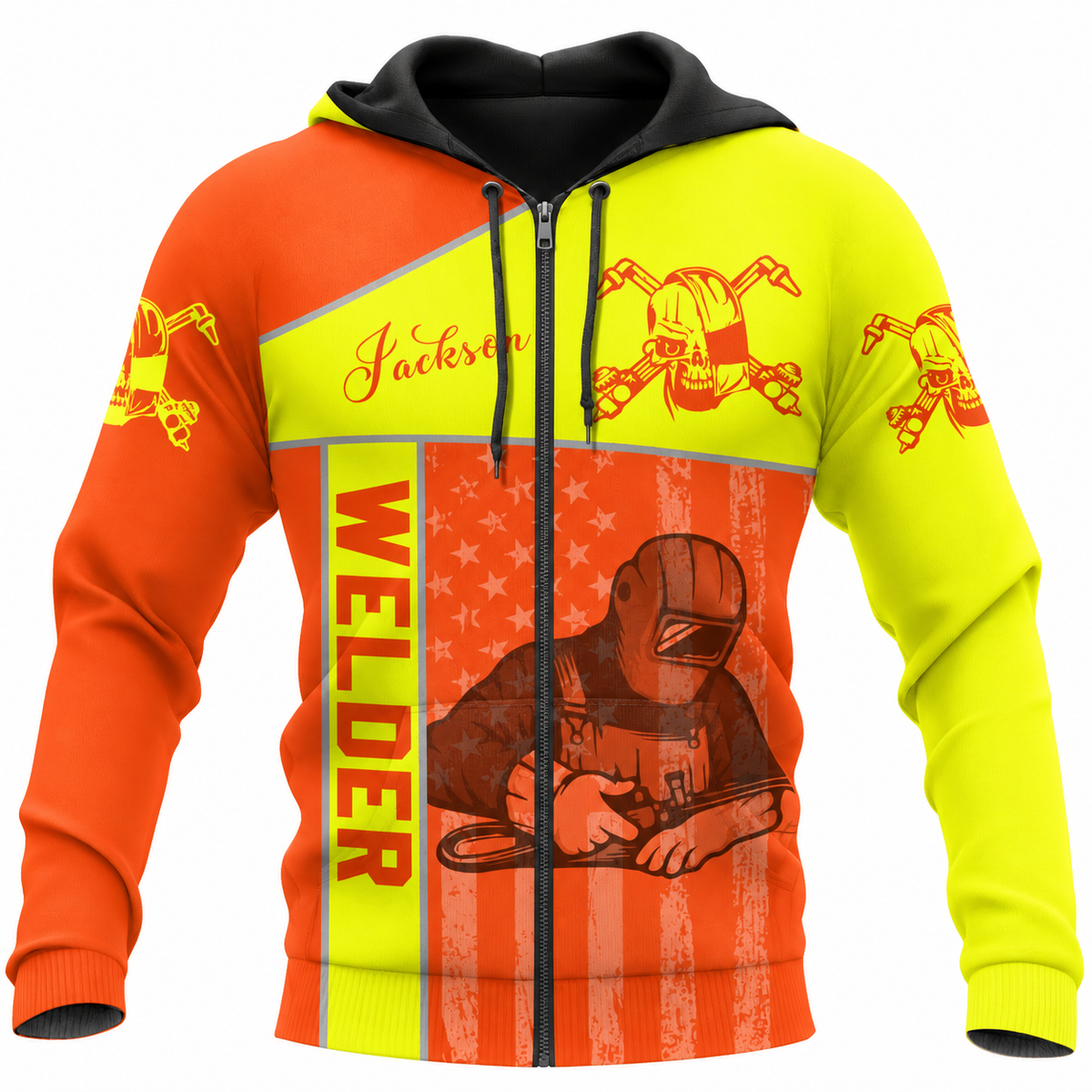 Personalized Welder Hoodie & T-Shirt - Orange Yellow Welder Illustration – Zip Hoodie, front view