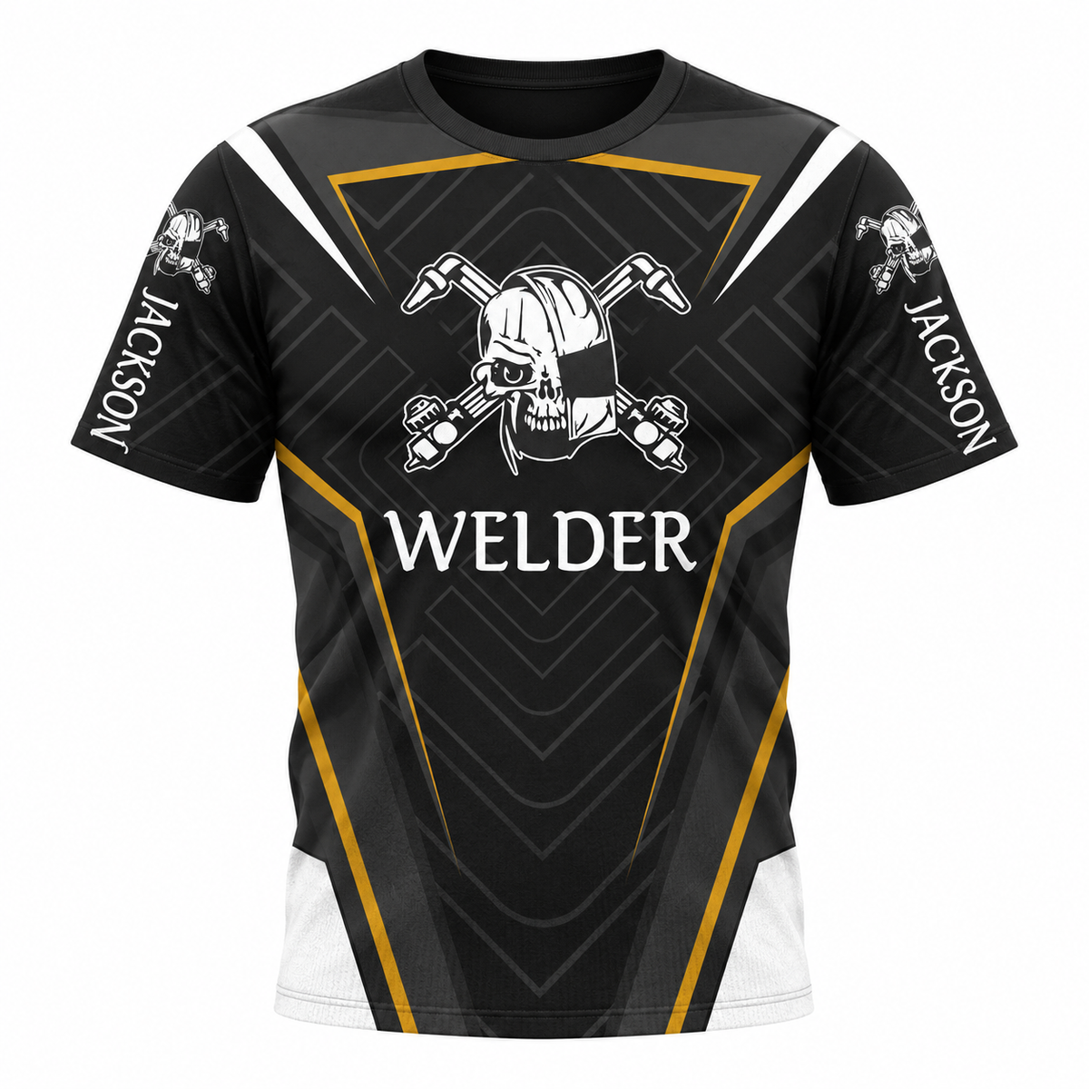 Personalized Welder Hoodie & T-Shirt - Black White Gold Welder Badge – T-Shirt, front view