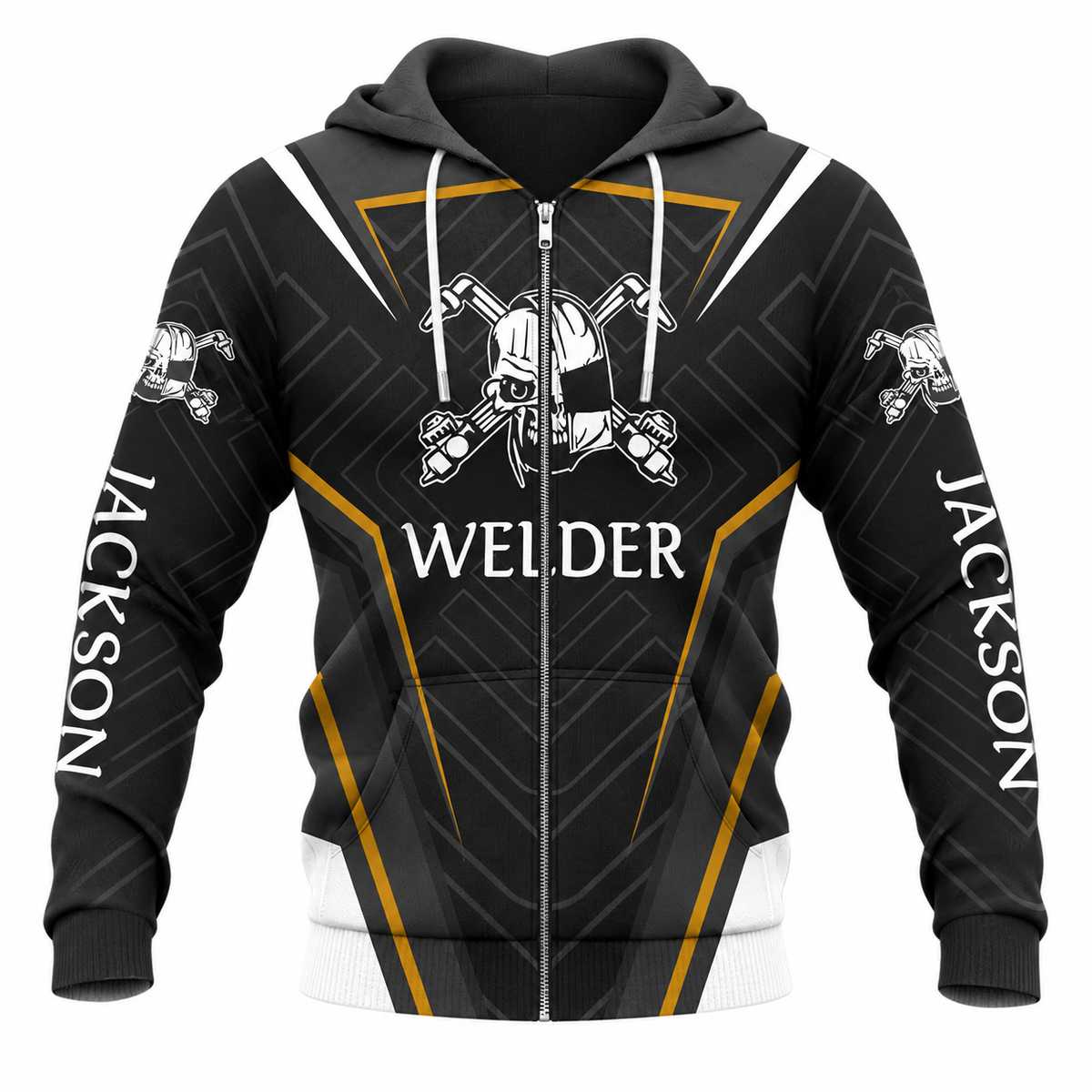 Personalized Welder Hoodie & T-Shirt - Black White Gold Welder Badge – Zip Hoodie, front view