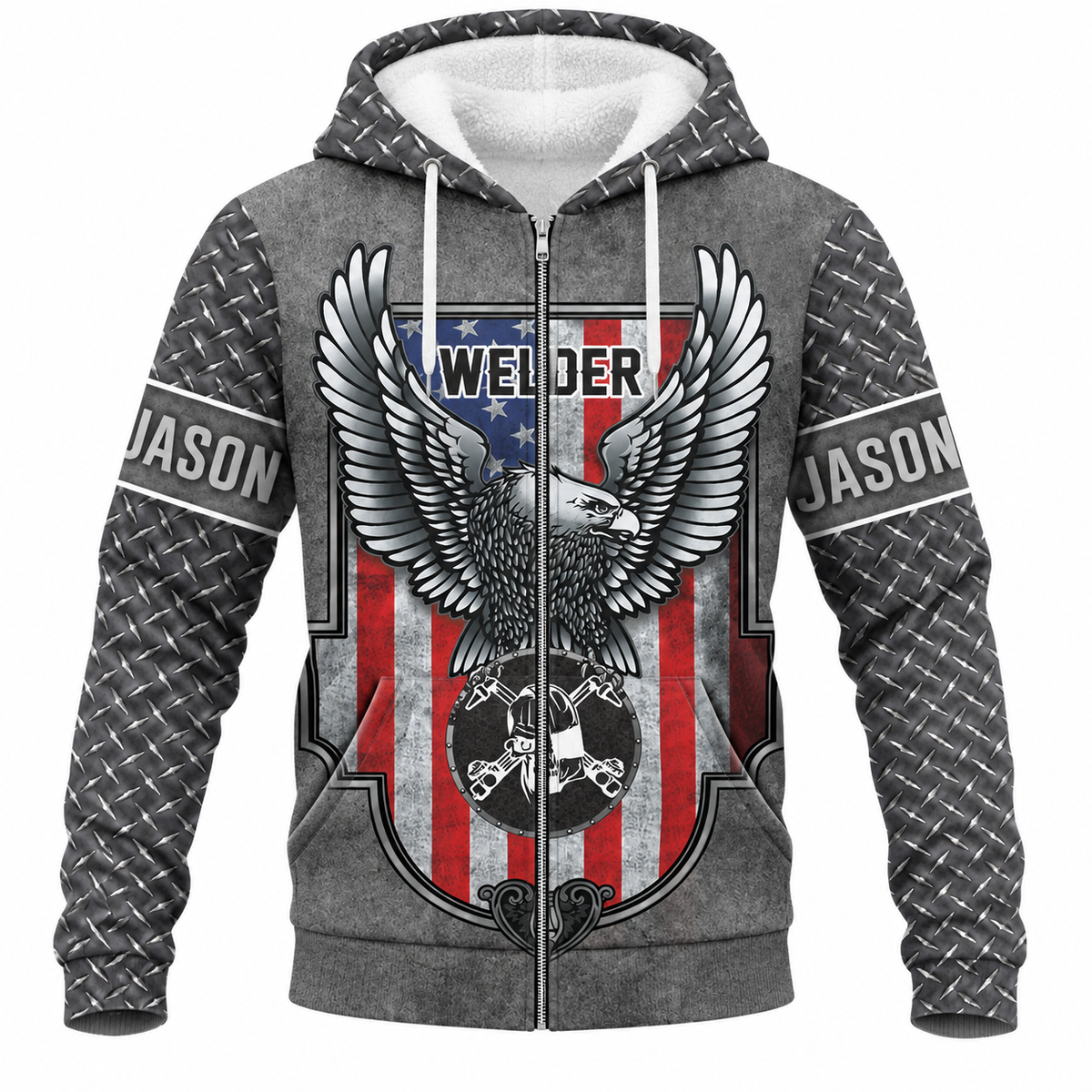 Personalized Welder Hoodie & T-Shirt - Grey American Eagle Shield – Fleece Zip Hoodie, front view