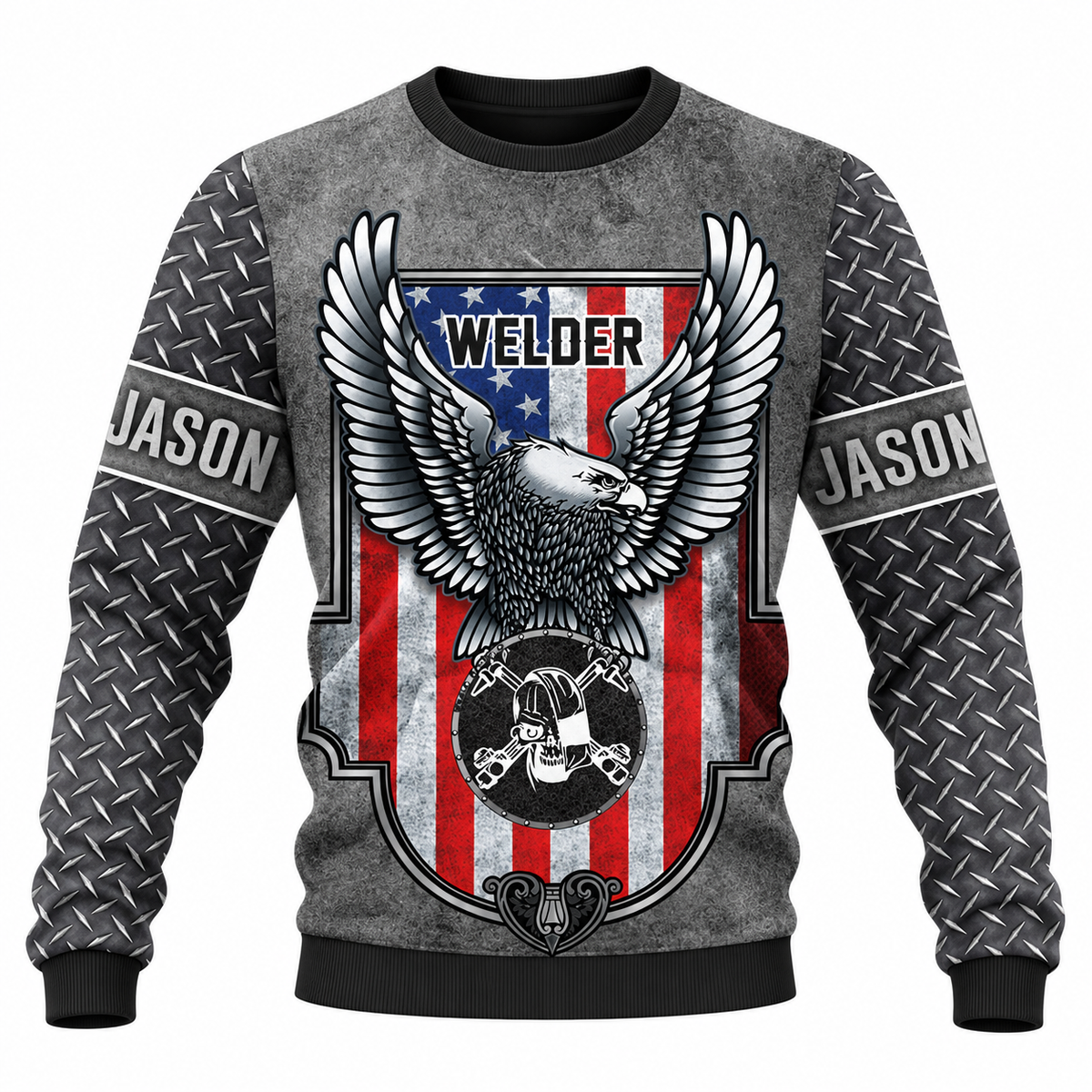 Personalized Welder Hoodie & T-Shirt - Grey American Eagle Shield – Sweatshirt, front view