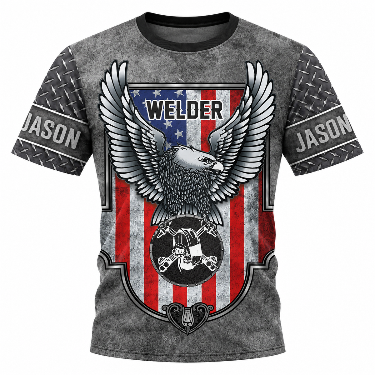 Personalized Welder Hoodie & T-Shirt - Grey American Eagle Shield – T-Shirt, front view