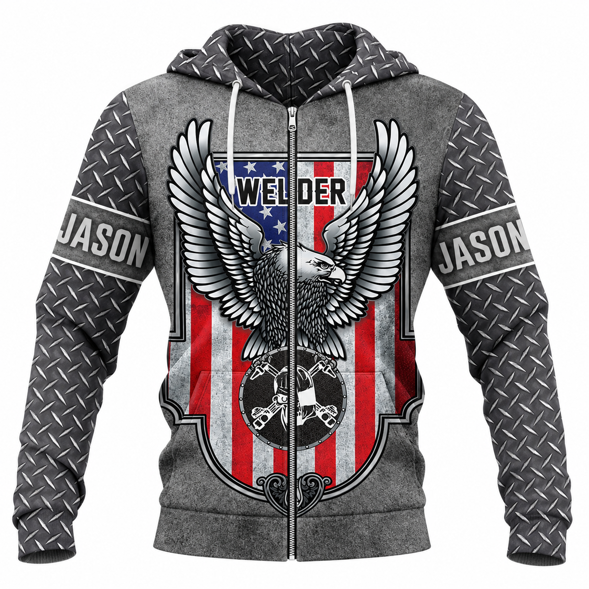 Personalized Welder Hoodie & T-Shirt - Grey American Eagle Shield – Zip Hoodie, front view