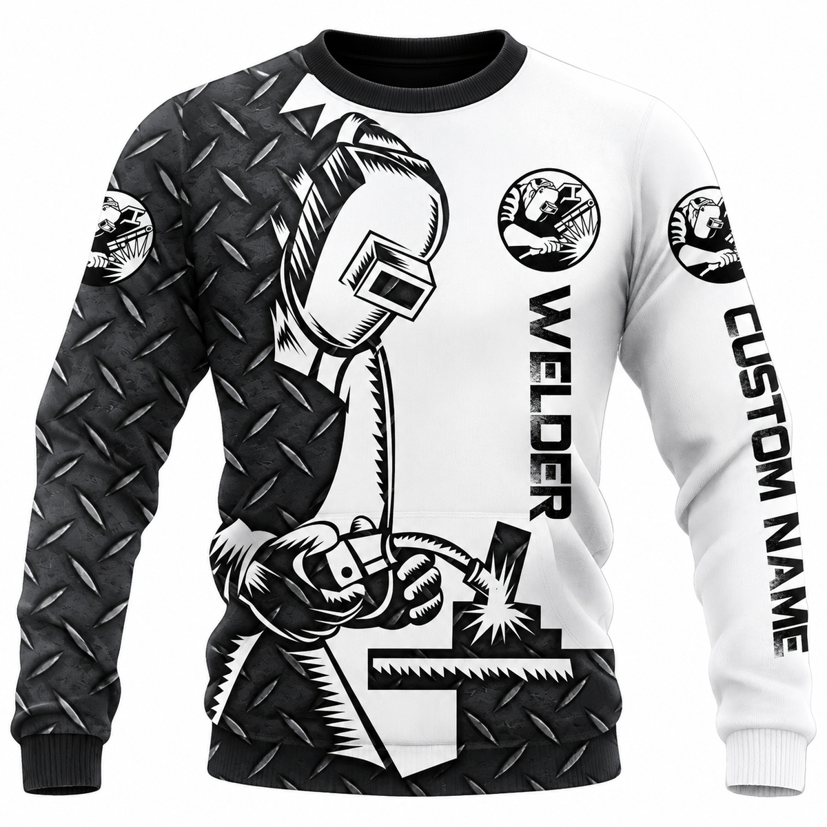 Personalized Welder Hoodie & T-Shirt - Black White Diamond Plate Welding Tools – Sweatshirt, front view