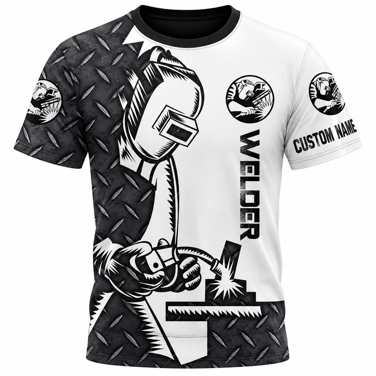 Personalized Welder Hoodie & T-Shirt - Black White Diamond Plate Welding Tools – T-Shirt, front view