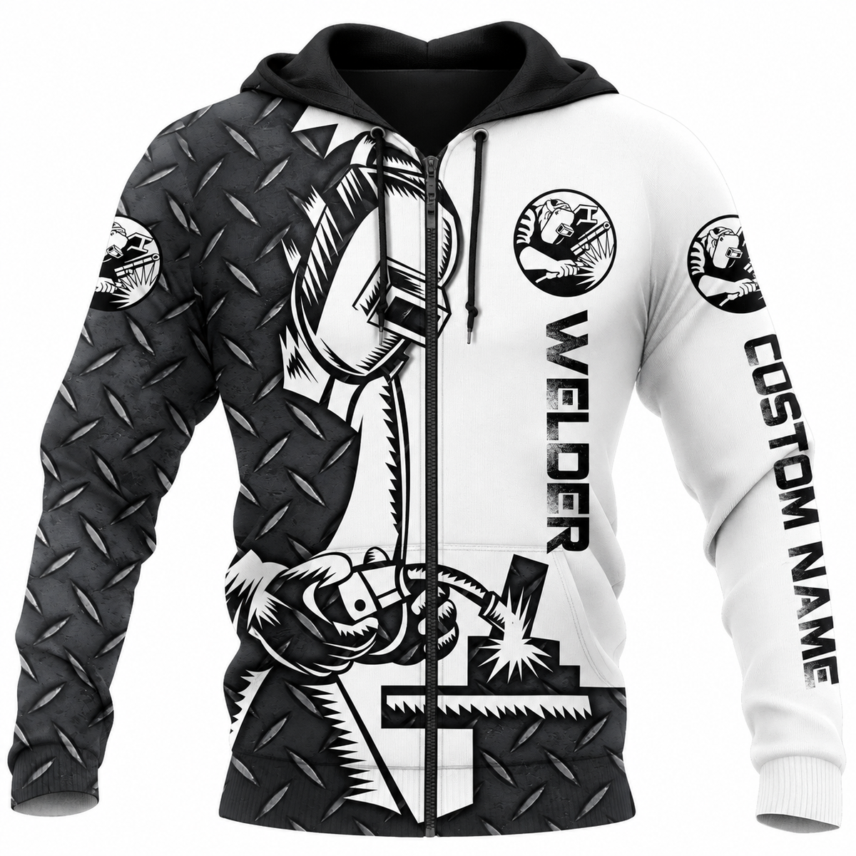 Personalized Welder Hoodie & T-Shirt - Black White Diamond Plate Welding Tools – Zip Hoodie, front view