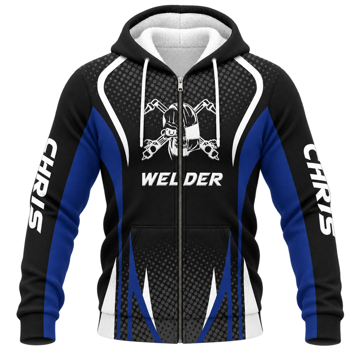 Personalized Welder Hoodie & T-Shirt - Black Blue Welding Helmet Badge – Fleece Zip Hoodie, front view