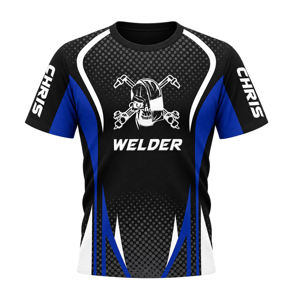 Personalized Welder Hoodie & T-Shirt - Black Blue Welding Helmet Badge – T-Shirt, front view