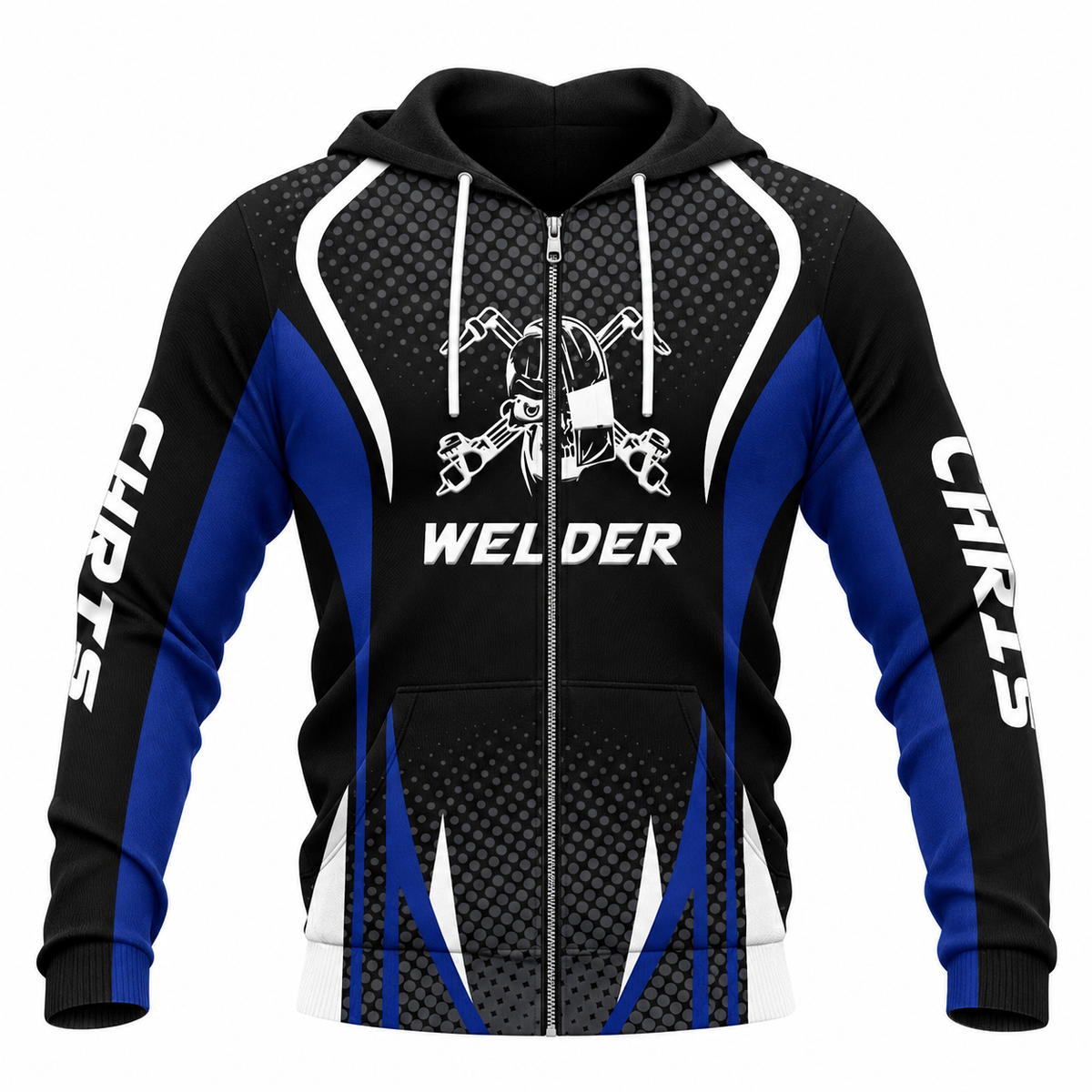 Personalized Welder Hoodie & T-Shirt - Black Blue Welding Helmet Badge – Zip Hoodie, front view