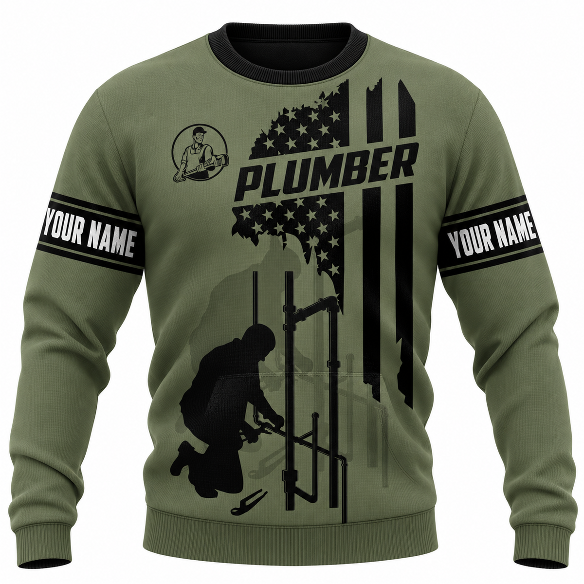 Personalized Plumber Hoodie & T-Shirt - Olive Green American Flag Plumber – Sweatshirt, front view