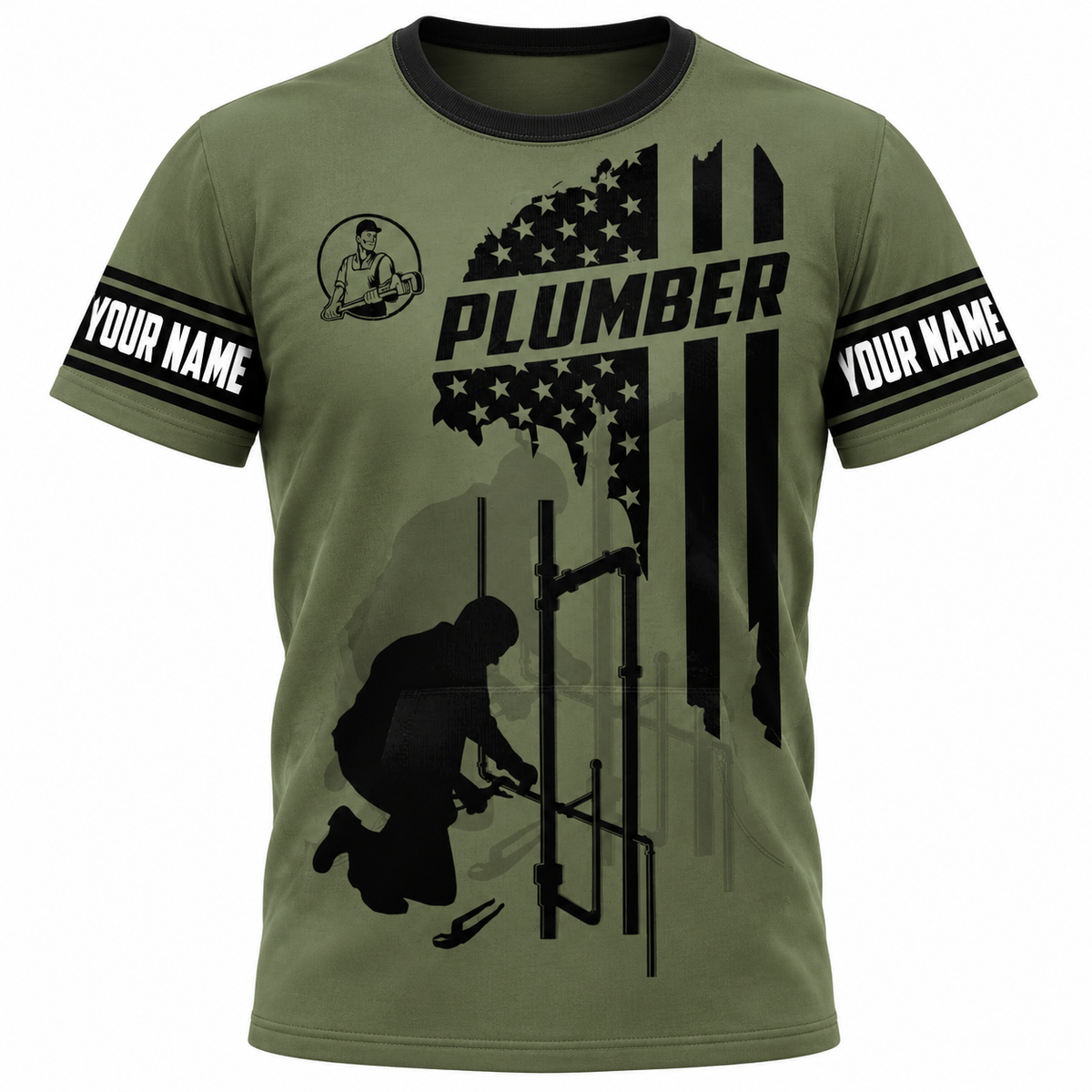 Personalized Plumber Hoodie & T-Shirt - Olive Green American Flag Plumber – T-Shirt, front view