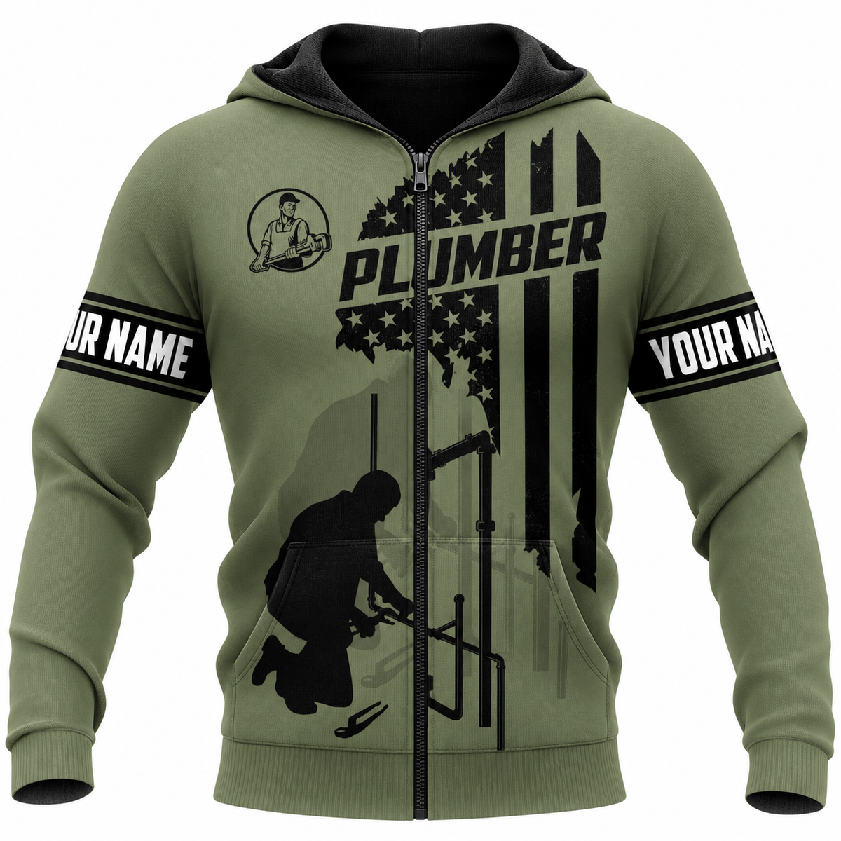 Personalized Plumber Hoodie & T-Shirt - Olive Green American Flag Plumber – Zip Hoodie, front view