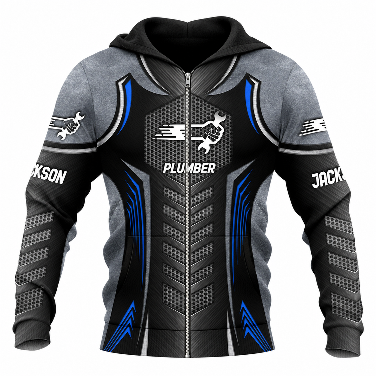 Personalized Plumber Hoodie & T-Shirt - Black Blue Plumbing Armour Print – Zip Hoodie, front view