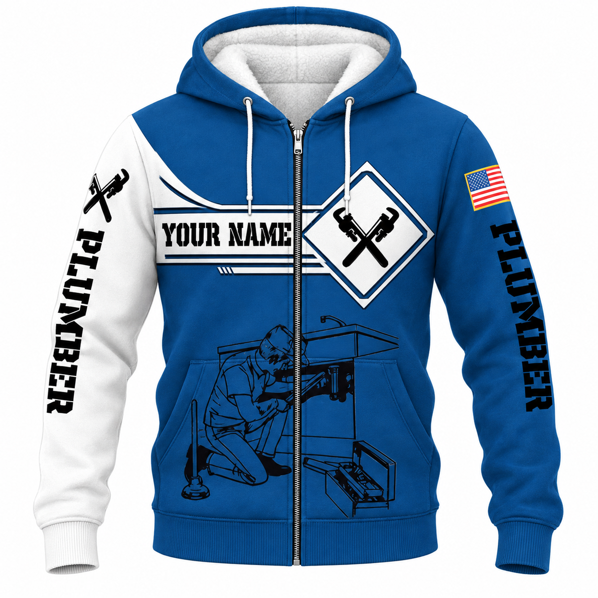 Personalized Plumber Hoodie & T-Shirt - Blue White Plumbing Tools – Fleece Zip Hoodie, front view