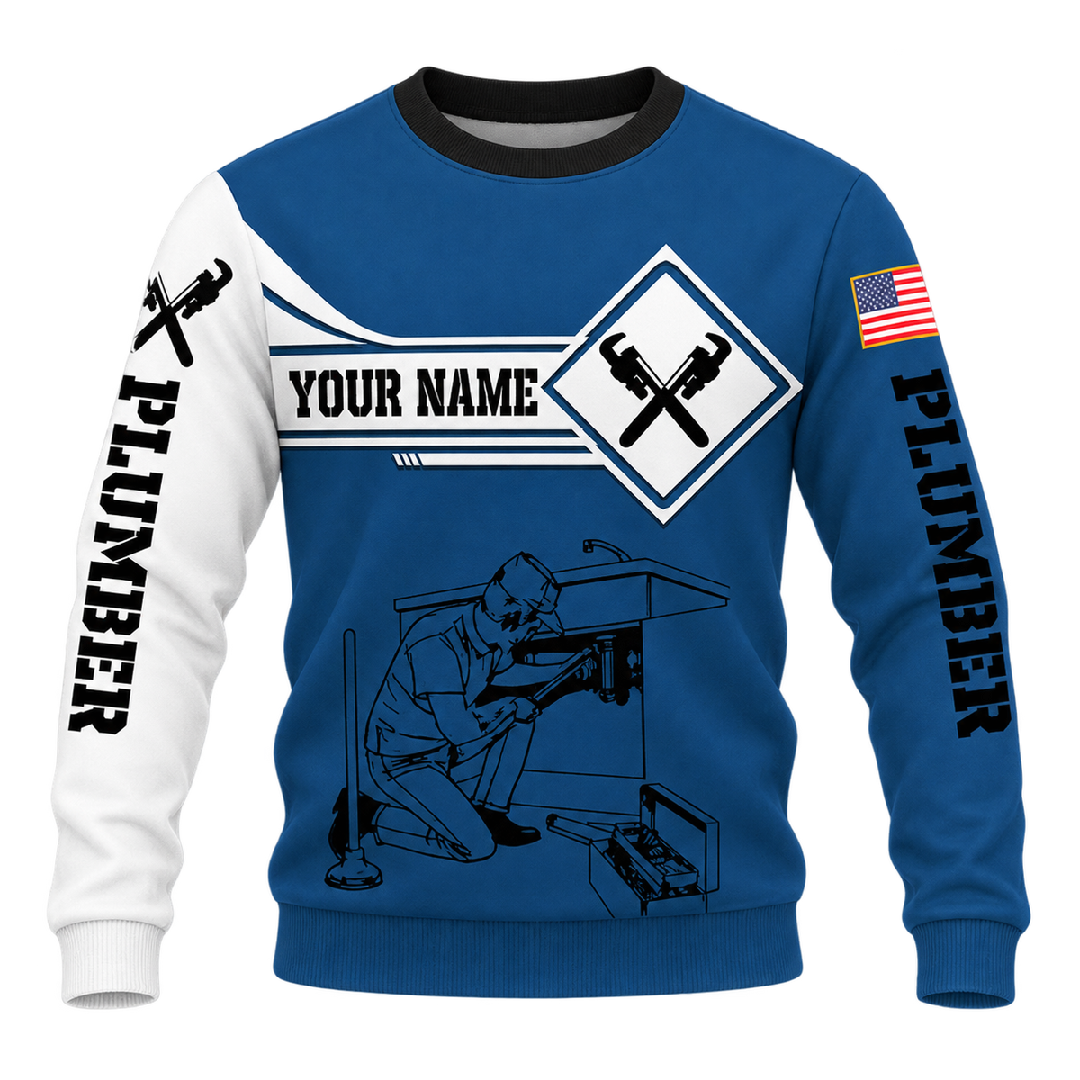 Personalized Plumber Hoodie & T-Shirt - Blue White Plumbing Tools – Sweatshirt, front view