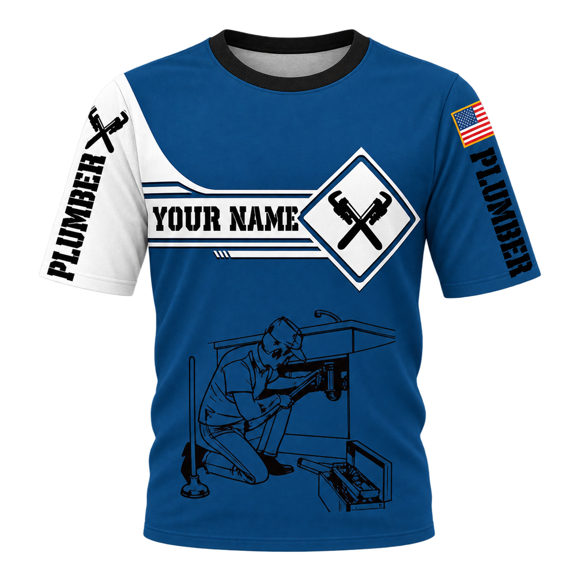 Personalized Plumber Hoodie & T-Shirt - Blue White Plumbing Tools – T-Shirt, front view